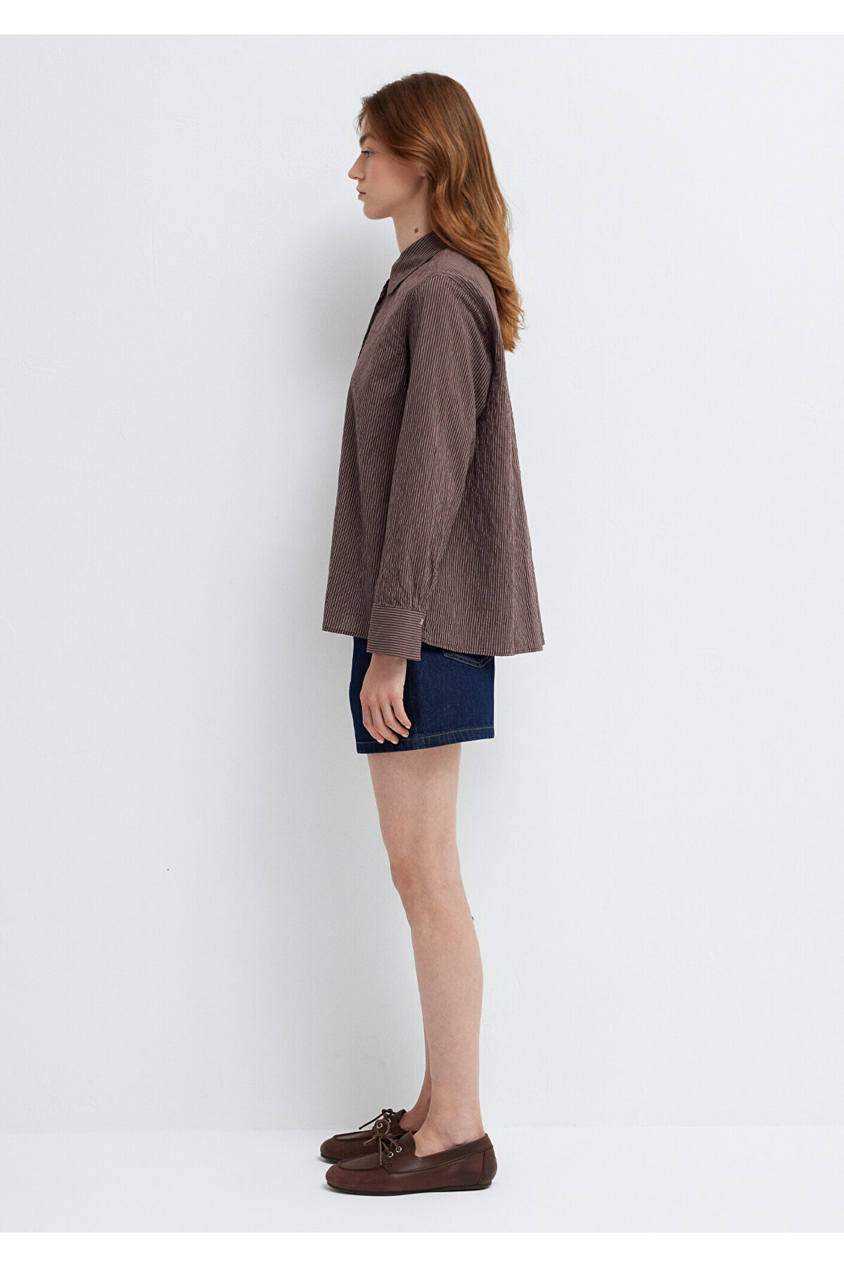 Çizgili Kahverengi Gömlek Loose Fit / Bol Rahat Kesim 1211598-91456 — قهوه‌ای — تصویر 4 از 8