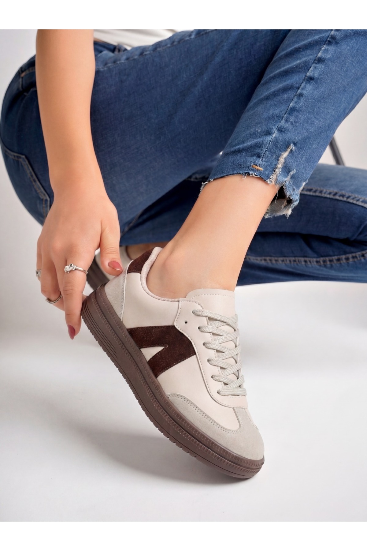E SPORT Kadın Sneaker Yüksek Taban Ortopedik Bağcıklı Spor Ayakkabı Retro Bej-011 görsel 2