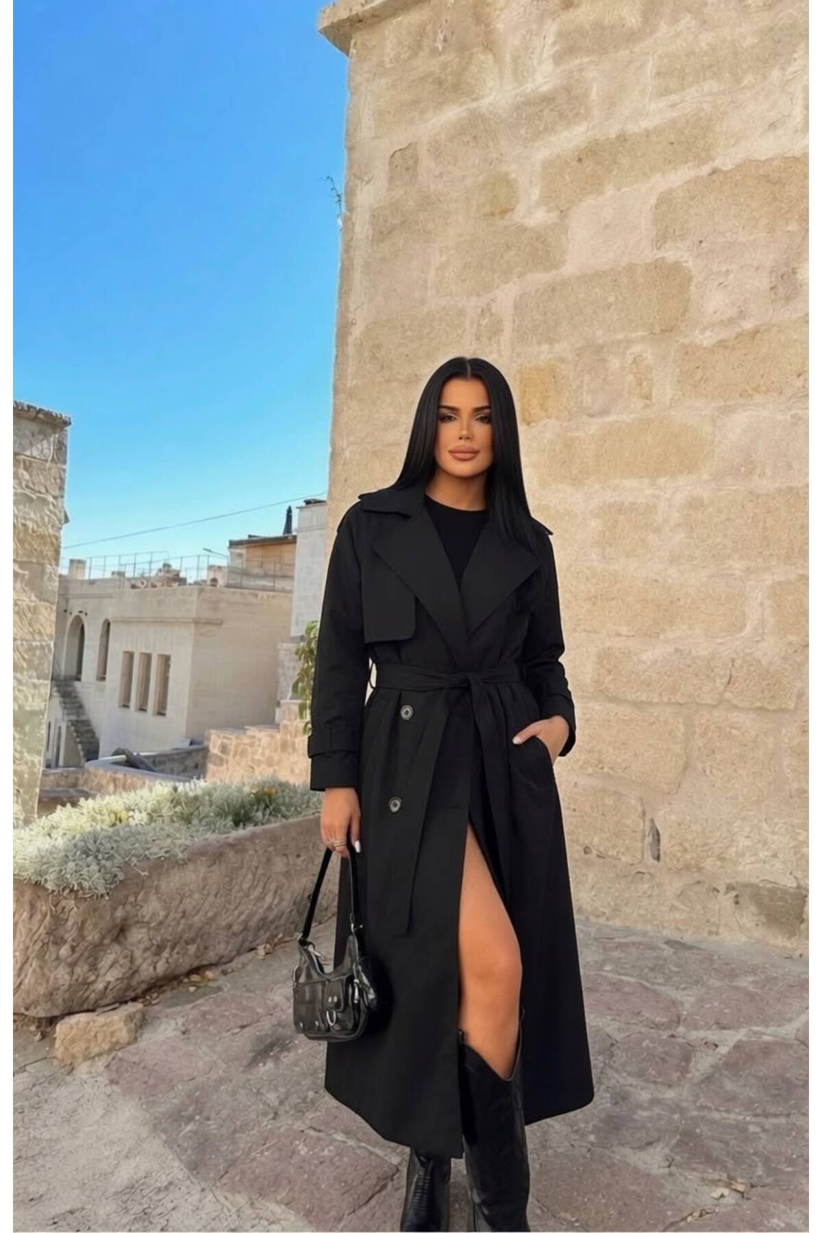 TANISA Siyah Astarlı Suit Kumaş Kuşaklı Uzun Trençkot TNS-9007