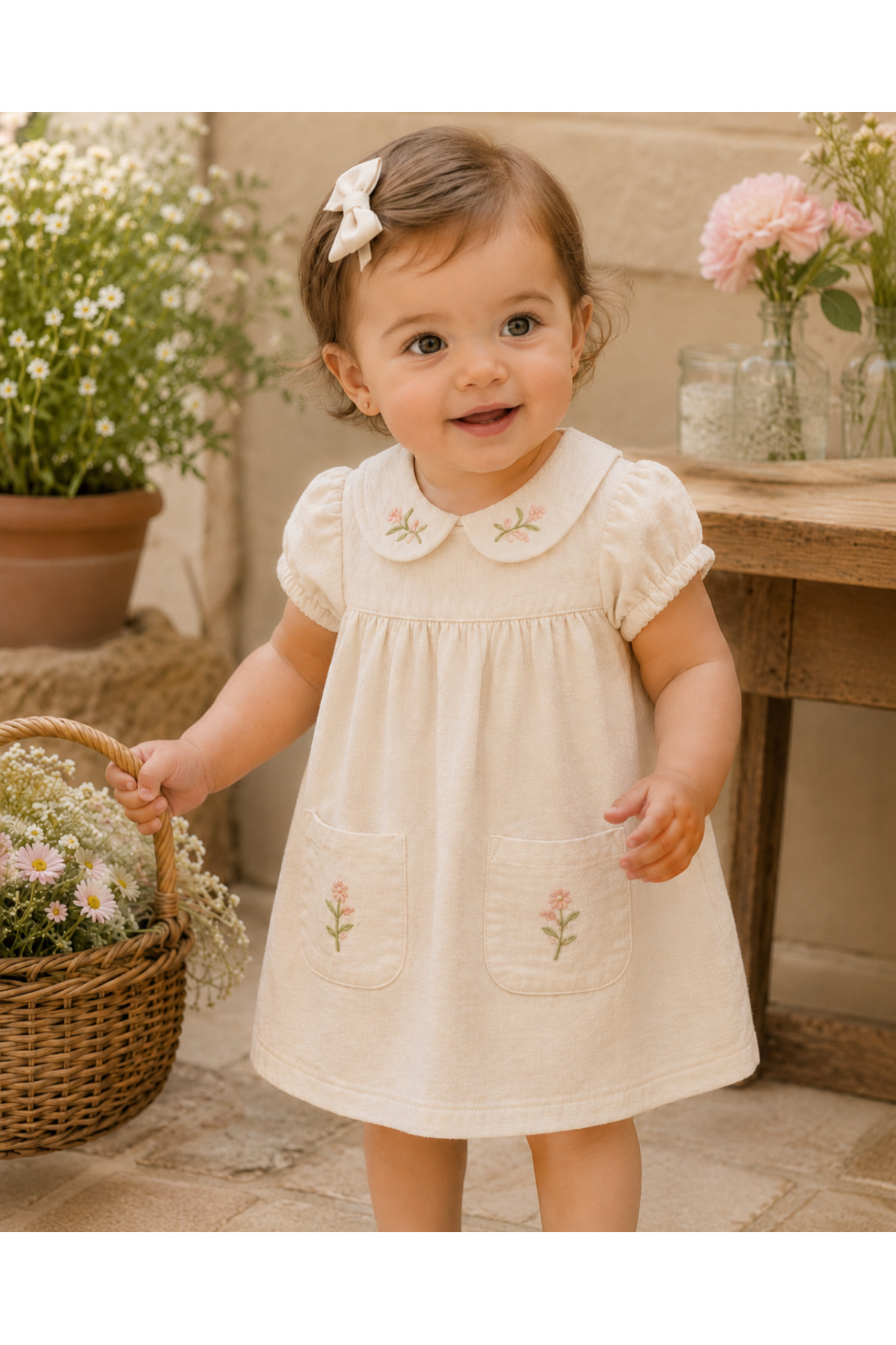Kız Bebek Çiçek Nakışlı Müslin Elbise - Krem