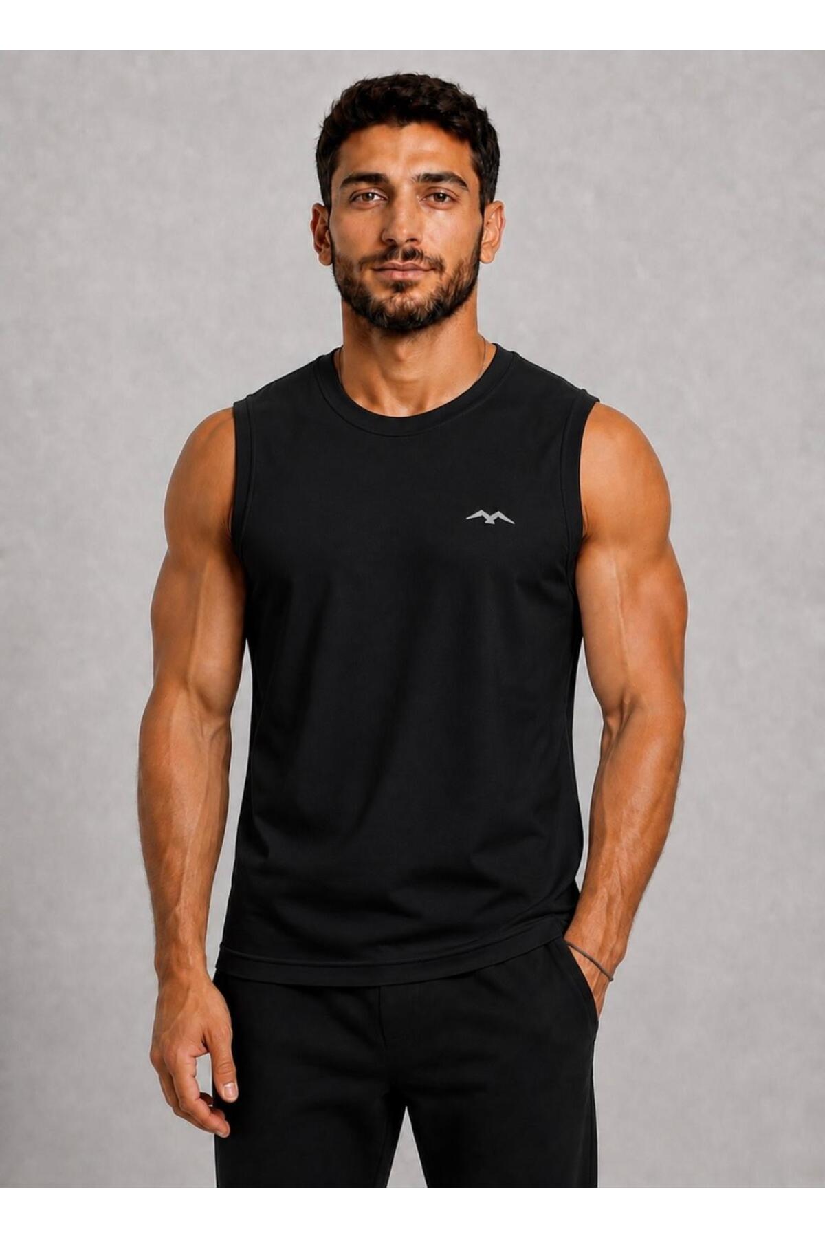 AXXEL Erkek Siyah Bisiklet Yaka Kolsuz T-shirt-d690