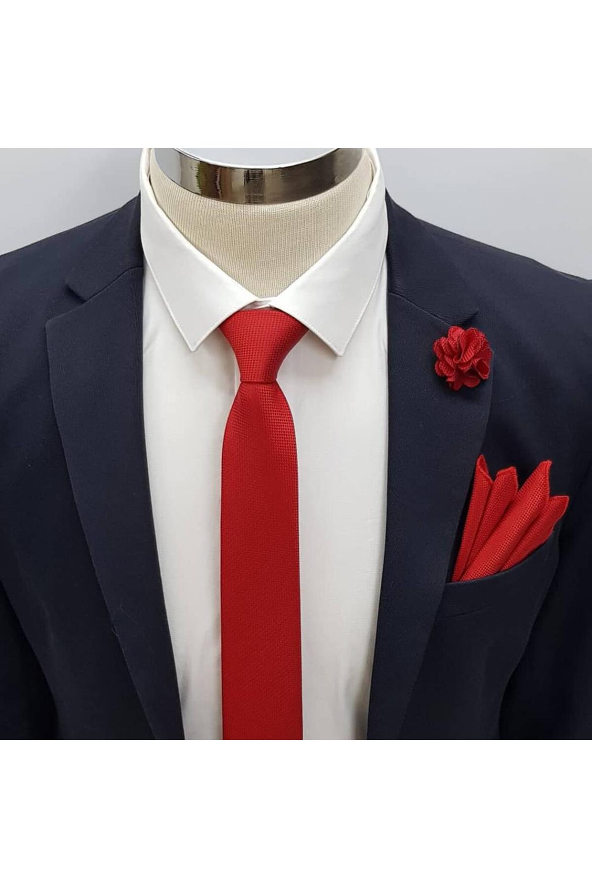 Brianze Erkek Kırmızı Kravat Mendil Yaka Çiçeği Set-Brianze 444GKC050