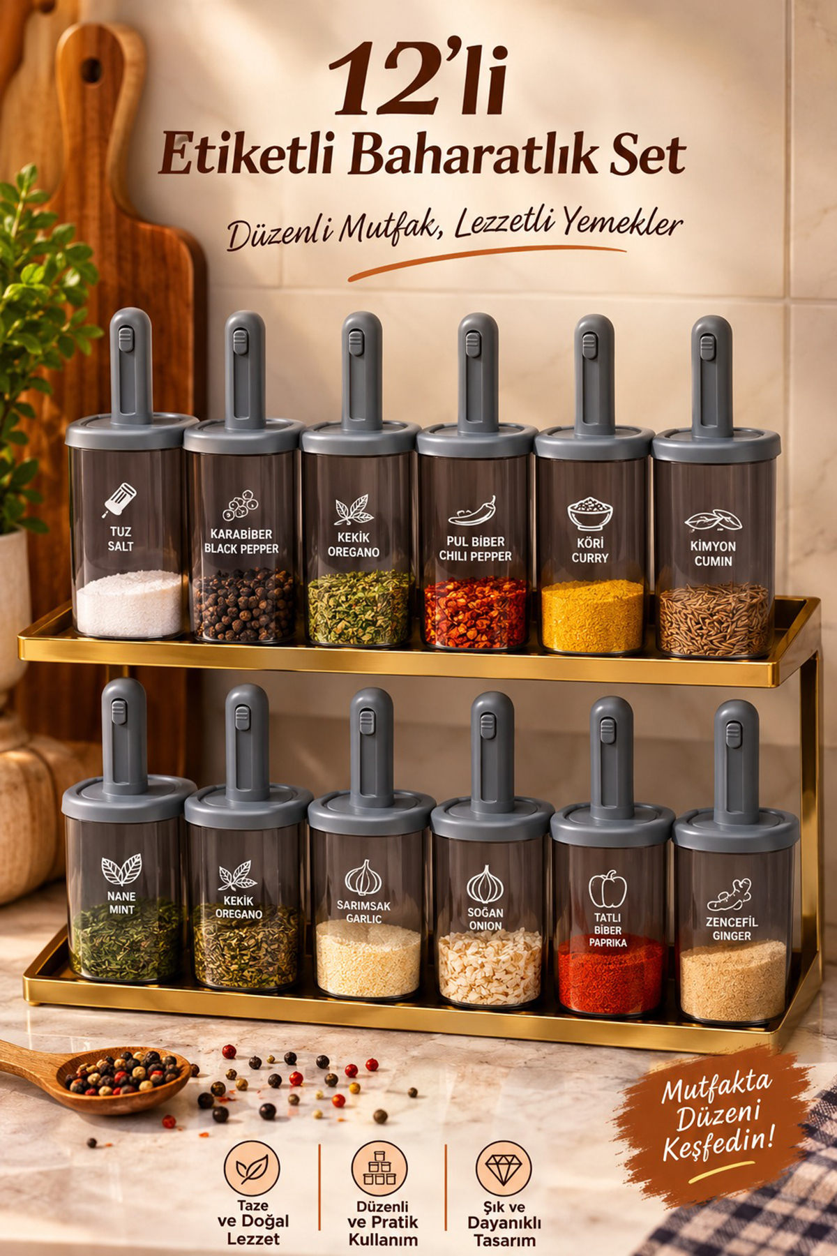Porsima 1100 12-Piece Sliding Self-Spoon Sealed Lid Labeled Spice Rack Set - Storage Container