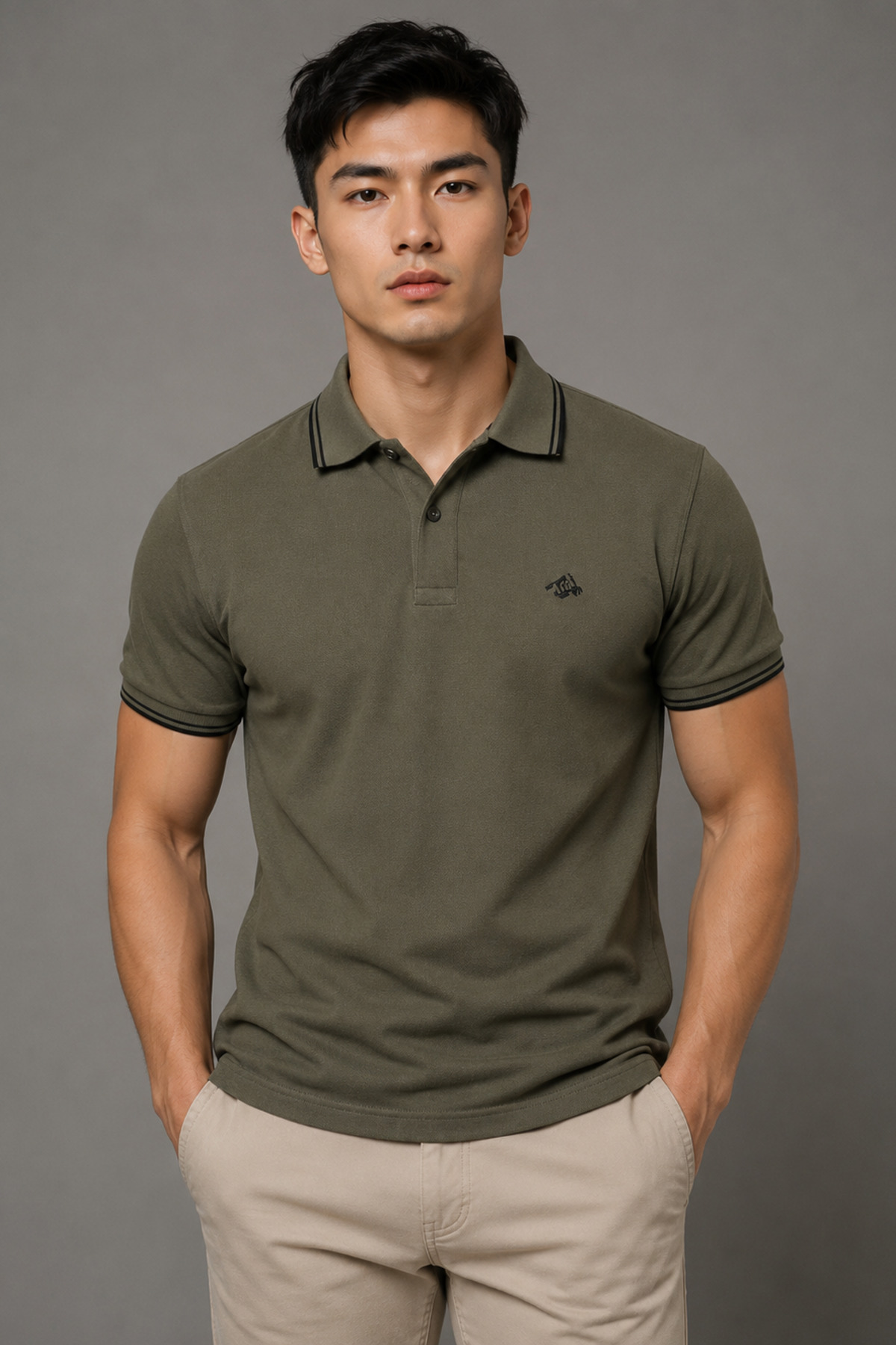 Mesh Company Khaki Men's Polo Neck T-shirt, Mountain Logo 100% Cotton Short Sleeve Model T-Shirts
