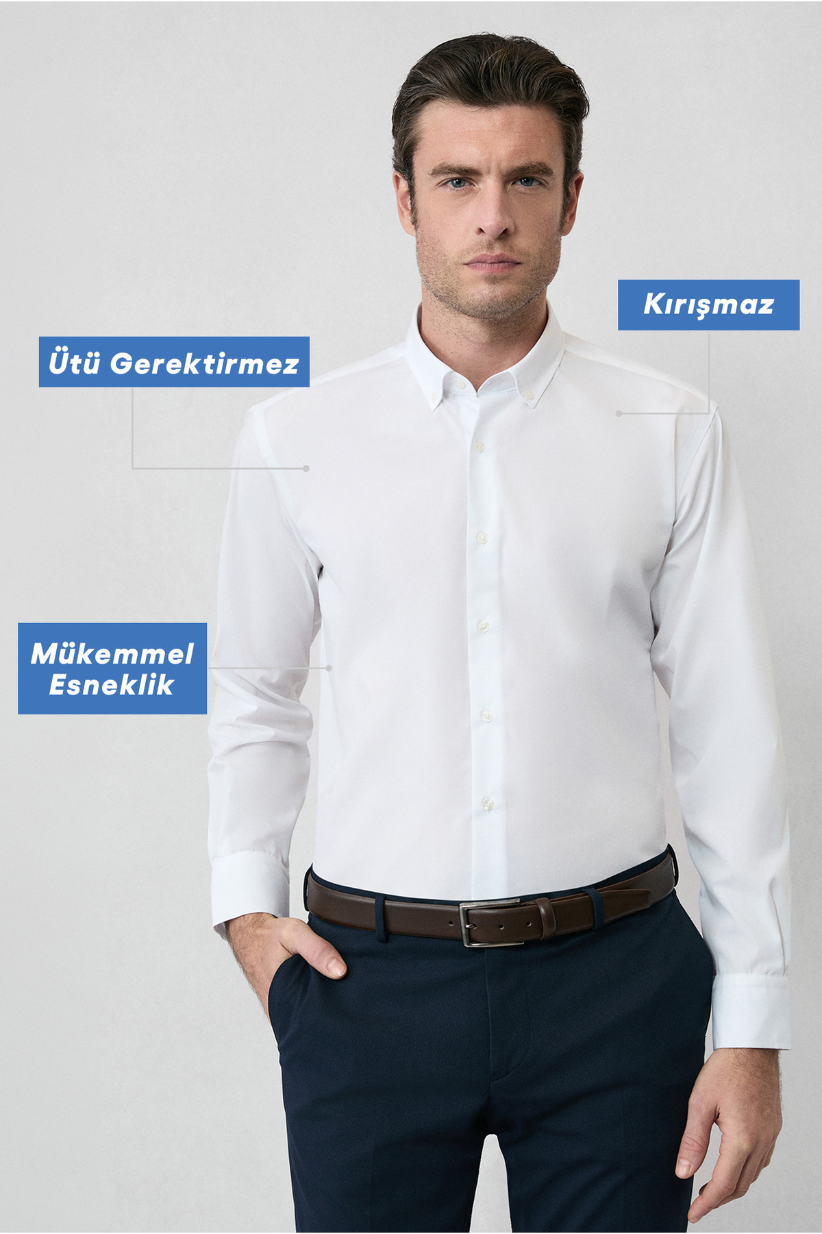 Uzun Kol Regular Fit Düğmeli Yaka Pamuklu Non Iron Ütü Gerektirmeyen Gömlek