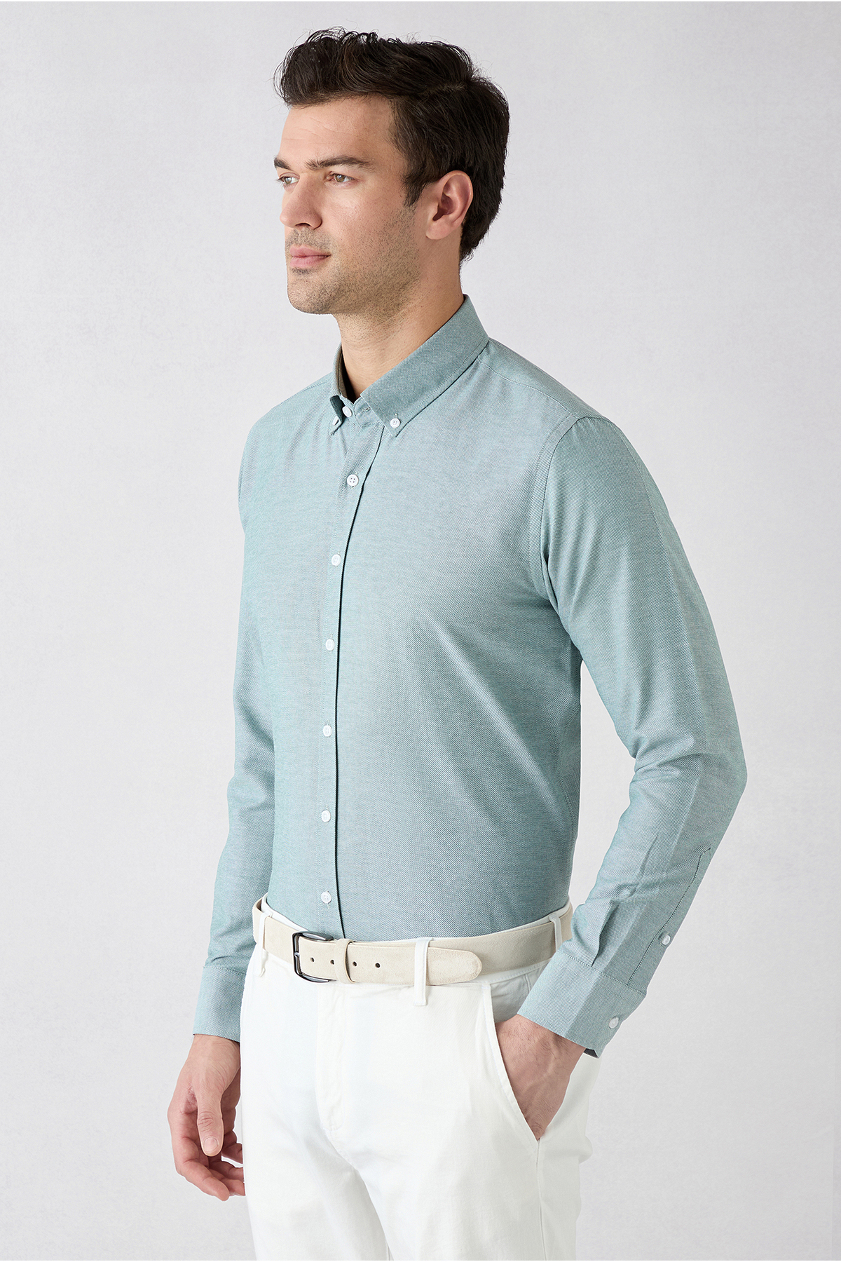 Kiğılı Uzun Kol Slim Fit Düğmeli Yaka Pamuklu Kolay Ütülenebilir 4 Mevsim Oxford Gömlek görsel 2