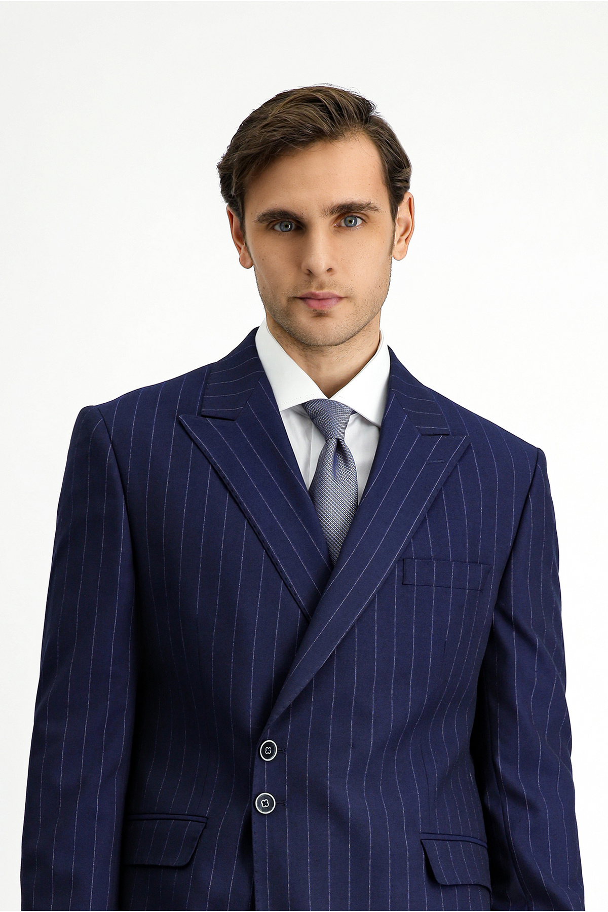 7 Drop Slim Fit Dar Kesim Çizgili İtalyan Kesim Kruvaze Takım Elbise — سرمه‌ای KSSZ1U76CZ062 — تصویر 4 از 7