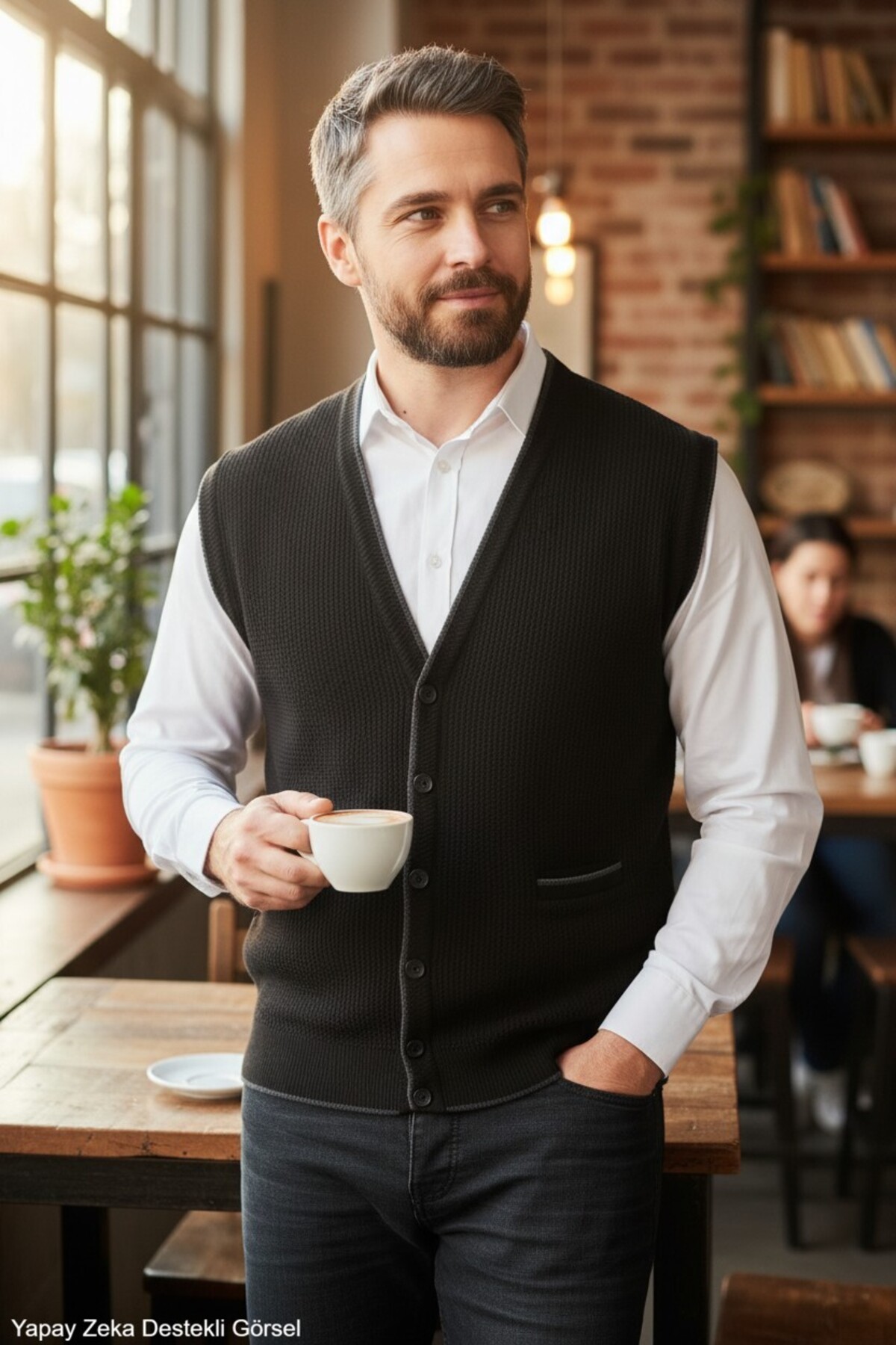 Kamalı Erkek Siyah V Yaka Triko Düğmeli Cepli Çizgi Desenli Regular Fit Tüylenmeyen Örgü Yelek