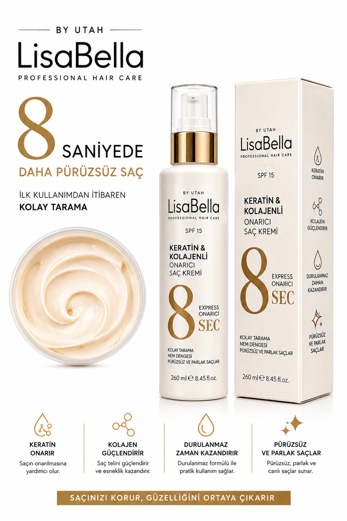 Durulanmayan Saç Kremi Keratin & Collagen 250 ml 👉 "Kabarmayı Önleyen" Ekstra Dolgunlaştırıcı Restorative Hair Care — LB-100 — تصویر 2 از 8