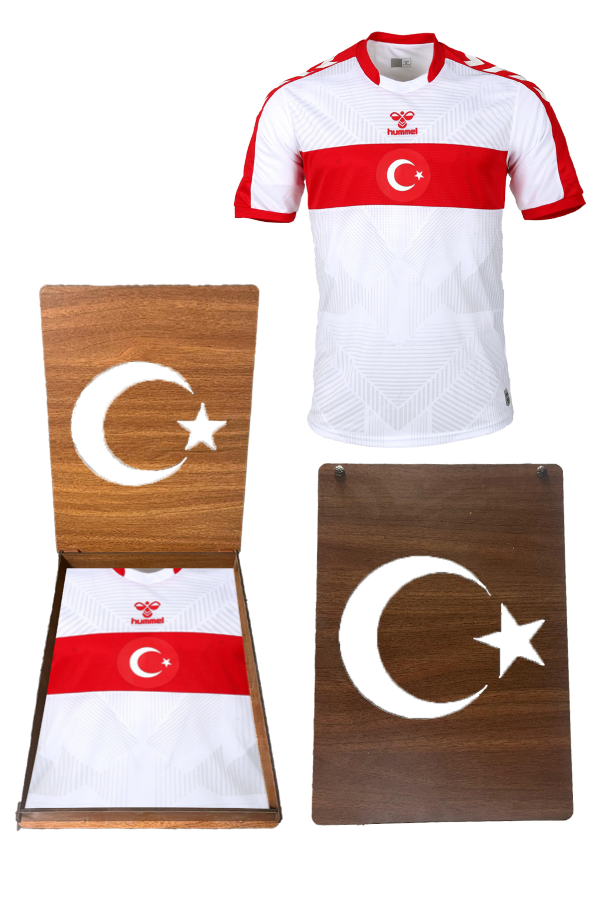 پیراهن سفید اصلی تیم ملی ترکیه در یک جعبه چوبی یادگاری هامل لباس فوتبال hummel