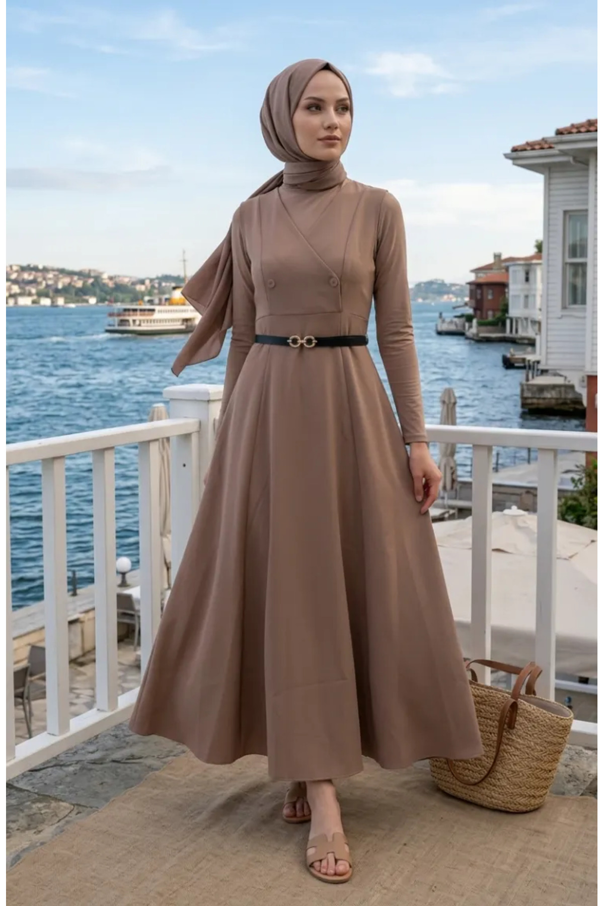 1_org_zoom پیراهن sefamerve زنانه ژیلت کمربند آستین کوتاه دکمه دار 5095-07 اورجینال - تصویر 1
