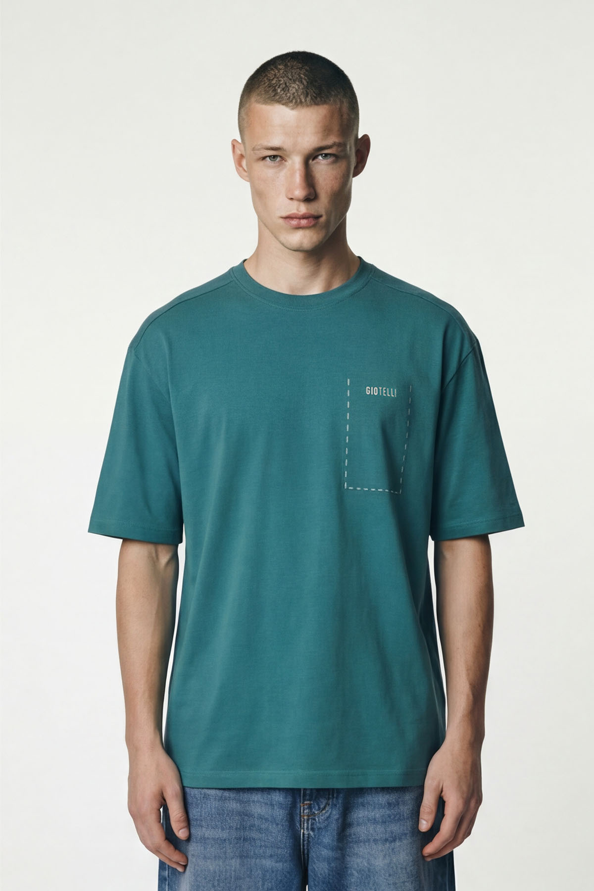 Giotelli Men's Turquoise Wide Cut Oversize Fit Printed Short Sleeve Crew Neck T-Shirt