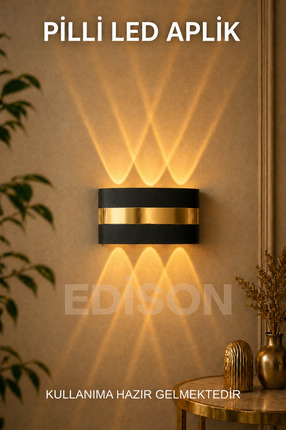 Edison Gold Detaylı Pilli LED Aplik Kablosuz Modern Dekoratif Duvar Lambası Ç...