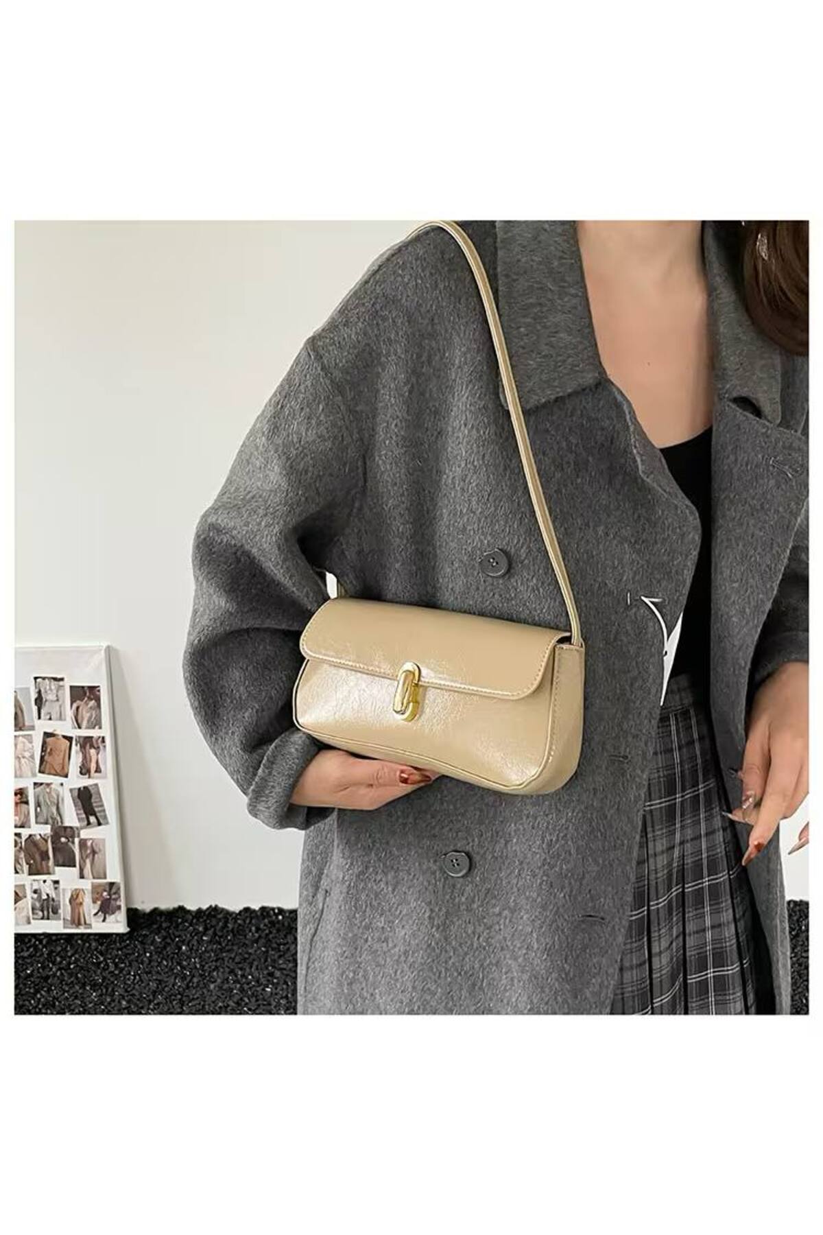 Beige NATA Women's Handbag and Shoulder Bag with Lock Detail görünüm 2