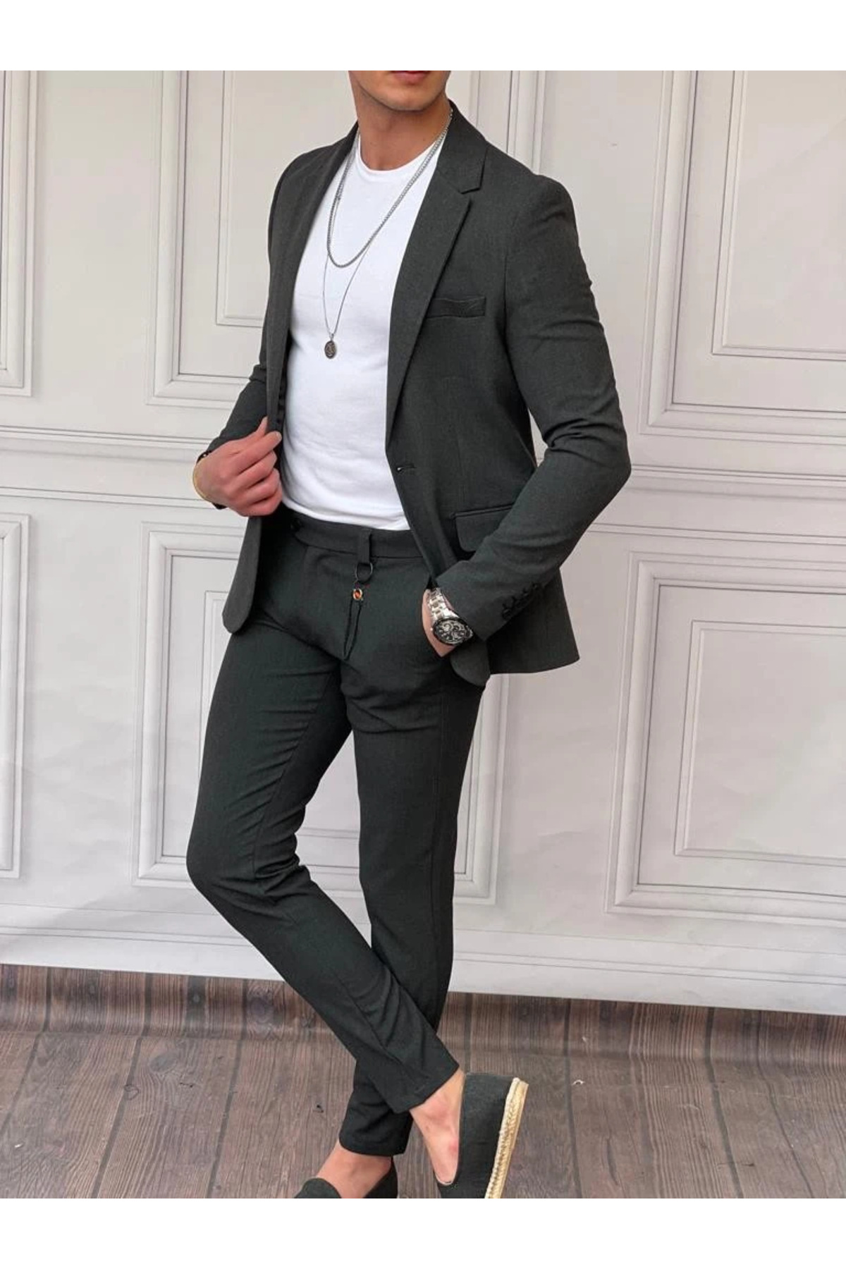 کت و شلوار کت و شلوار لایکرای نخی Slimfit — خاکستری MEC004664 — تصویر 2 از 3
