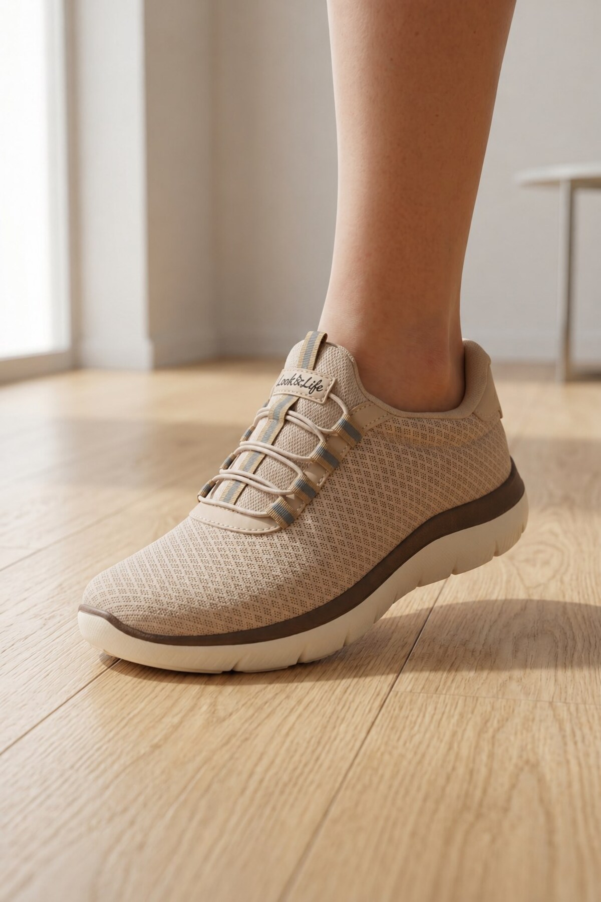 Rahat Bej Bağcıklı Günlük Sneaker Yazlık Spor Ayakkabı Kadın Hafif Ayakkabı