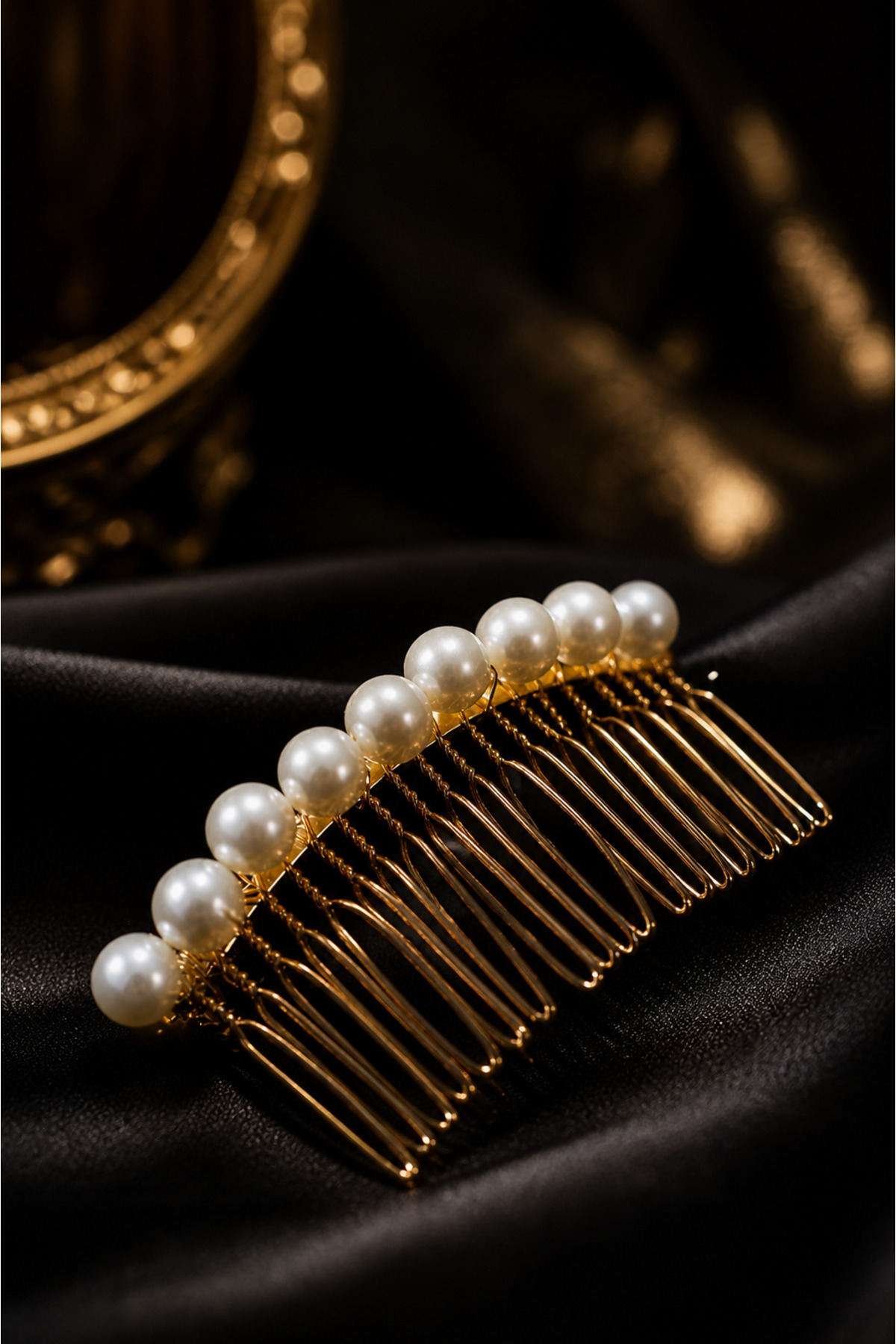 Asensa Gold&Beyaz İncili Nişan Tokası, Nişan Saç Aksesuarı, İncili Tarak Toka, Saç Pini, Nikah Tokası görsel 3