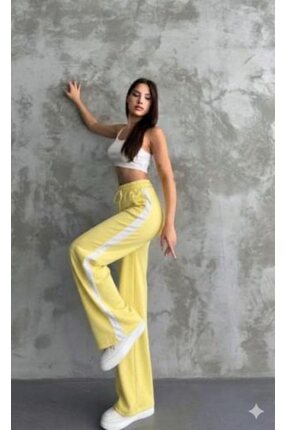 GKN WEAR Yüksek Bel Yan Şerit Detaylı Açık Sarı Wide Leg Eşofman Altı
