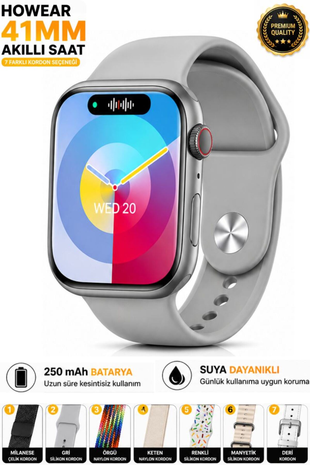 SONREİR HW Mini 2 Akıllı Saat 41mm Siyah 7 Kordon Bluetooth Smart Watch iPhone Android Huawei Uyumlu 9-10-11 (Gri) Akıllı Telefon