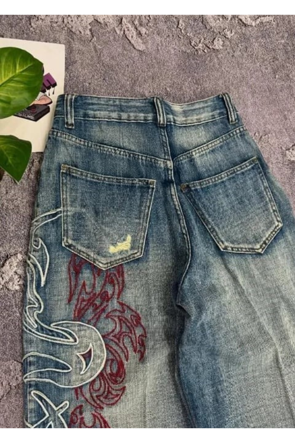 Gofeel Mavi Taşlamalı Vintage Tribal Baskılı Grunge Baggy Unisex Pantolon görsel 2
