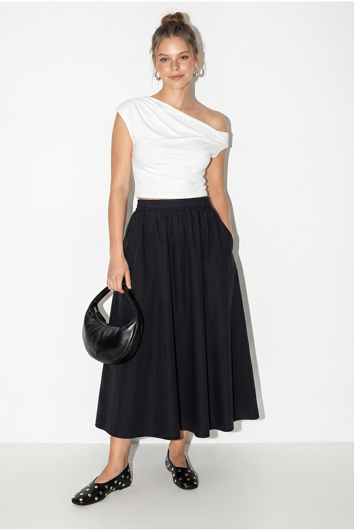 Women Elastic Waist Pocket Detailed 100% Cotton Long Flared Skirt 3792 60286246