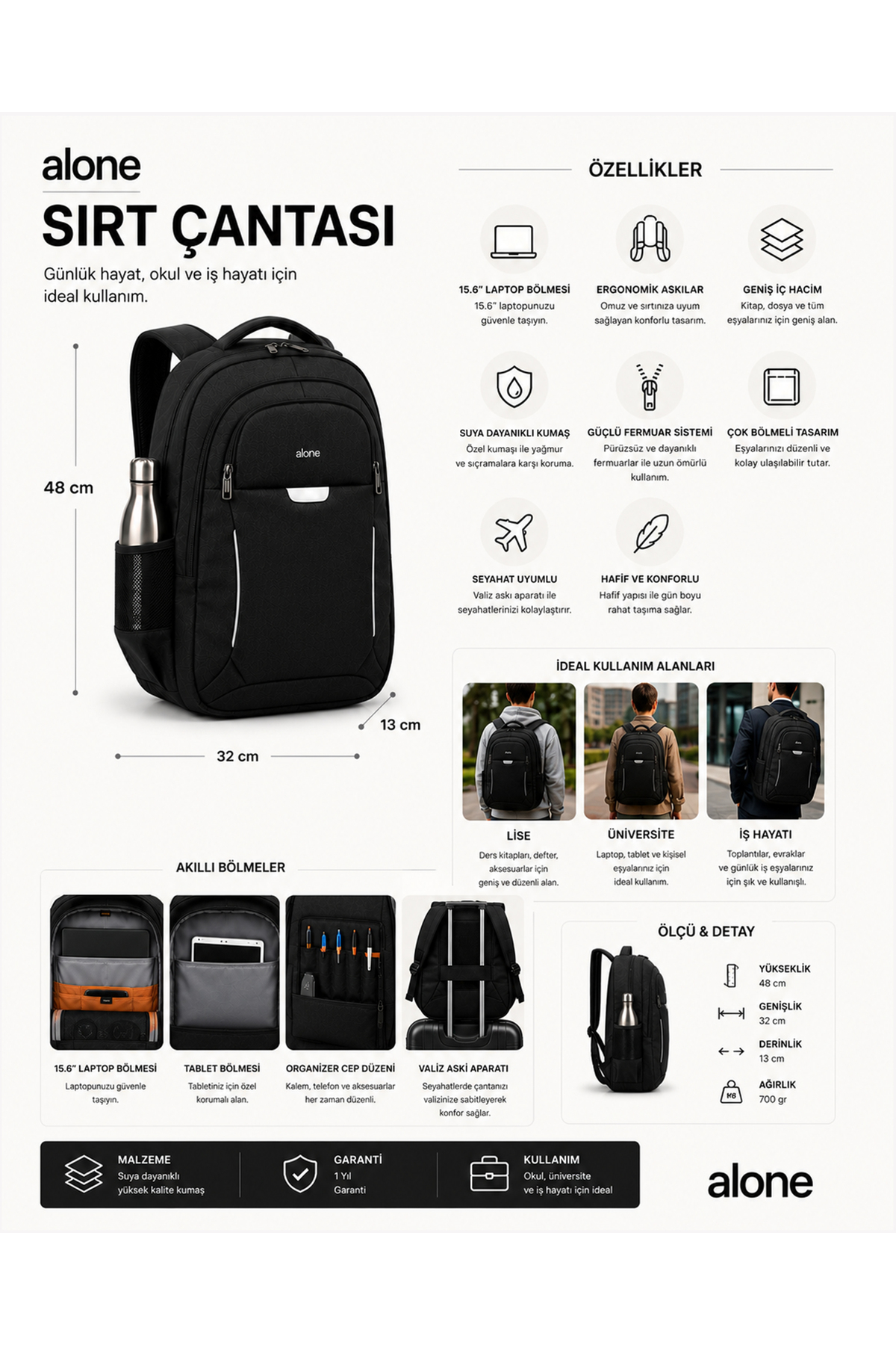 Alone Laptop Bölmeli Siyah Sırt Çantası 48x32x13 cm, Günlük, Üniversite, İş ve Seyahat İçin Unisex Sırt Çantası 1335 görsel 3