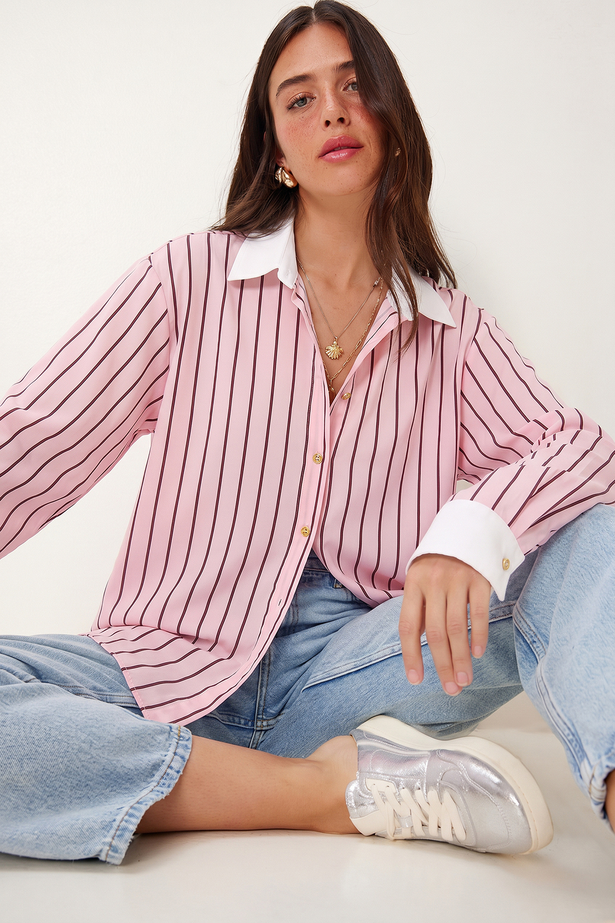 Contrast Cuffed Striped Oversized Shirt LUB0347 PINK CLARET RED
