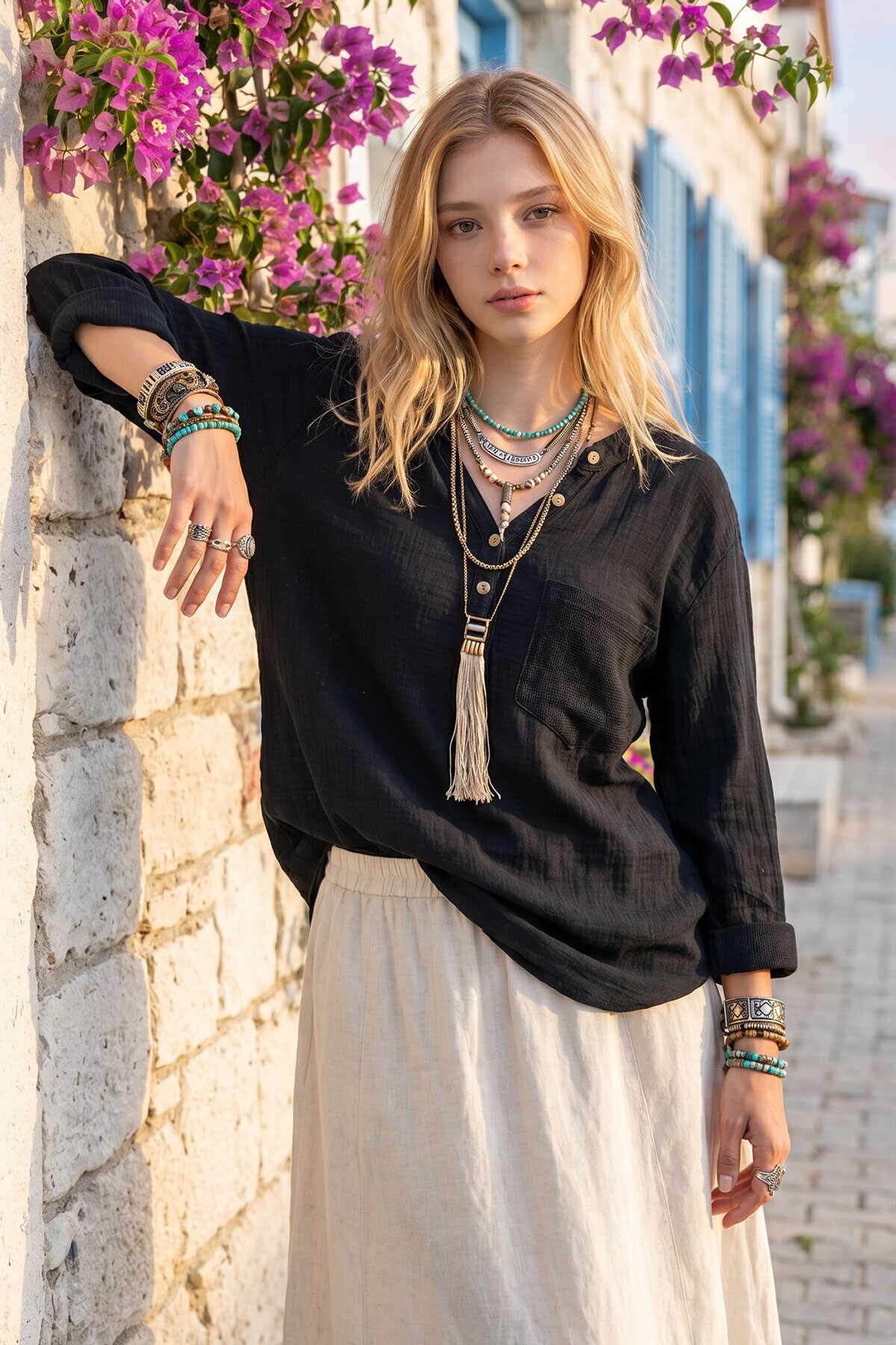 Alaçatı Linen Black Washed Linen Net Detailed Half Plaid Blouse