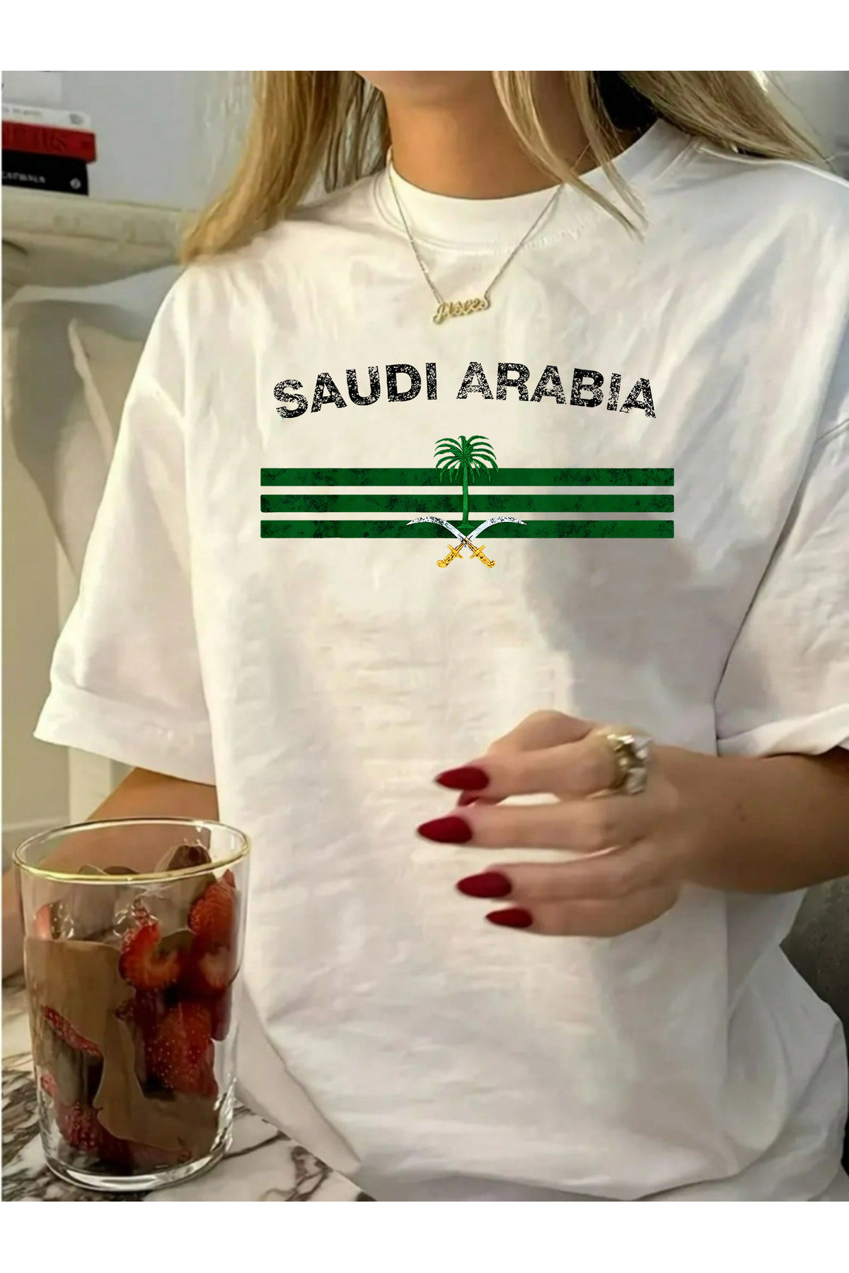 SAUDI 100% Cotton Women's Arabia National Emblem T-Shirt - Flag Inspired Palm...