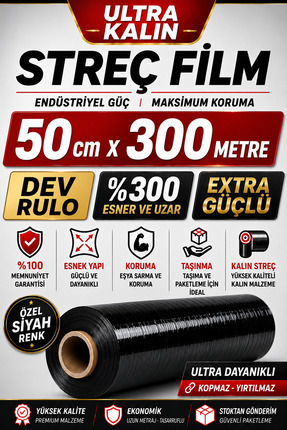 OPTİMEX Siyah Palet Streç Film 50 cm x 300 Metre Dev Rulo Kalın Extra Güçlü E...