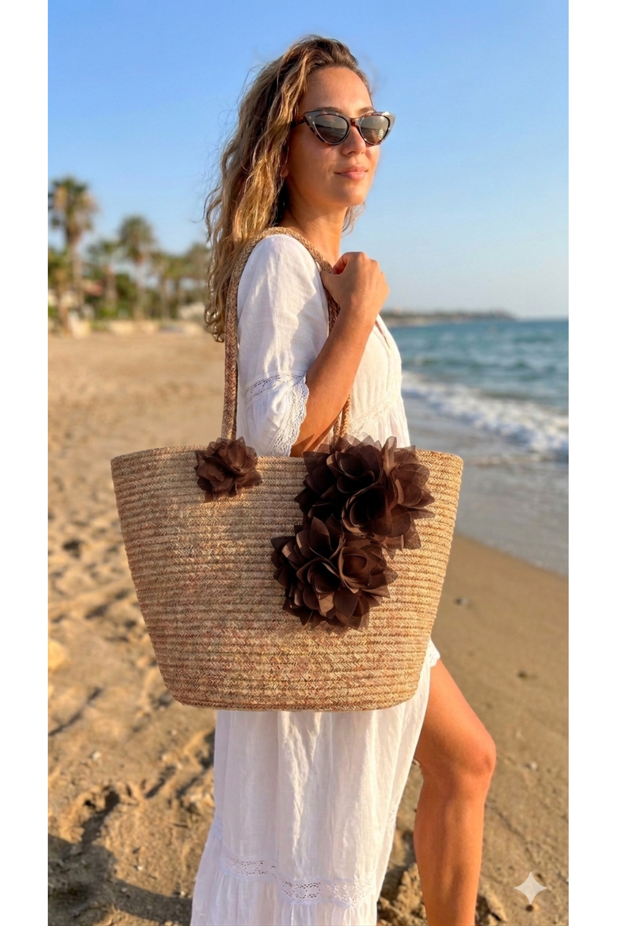 BİANCA | Flower Detailed Wicker Beach Bag Oversized Bohemian Summer Bag