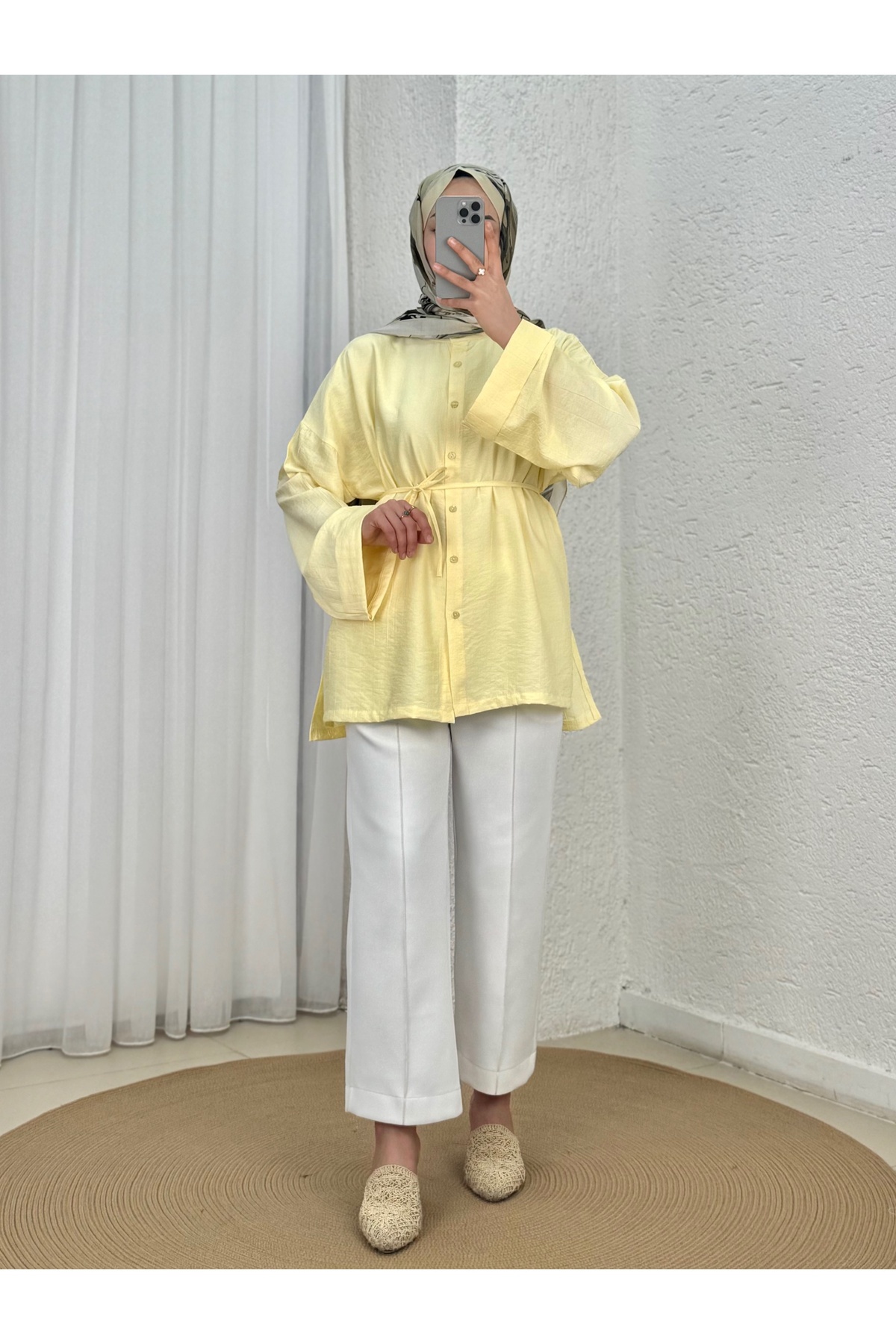 Şeyma Self-Patterned Wide Sleeve Shirt-Çİ943 Yellow
