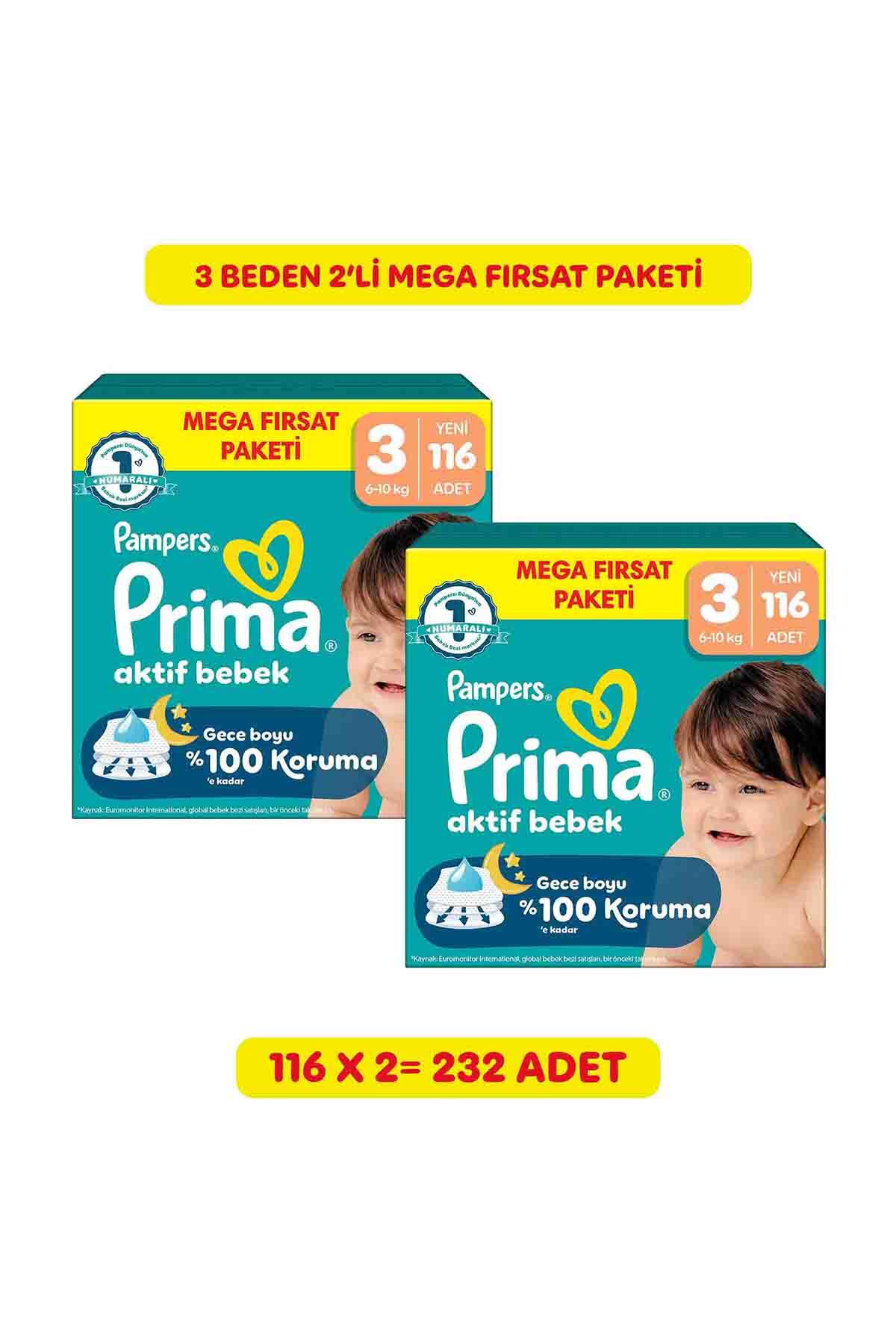 Prima Bebek Bezi Aktif Bebek Mega Fırsat Paketi 3 Numara 116'lı 2 Paket (232 Adet)