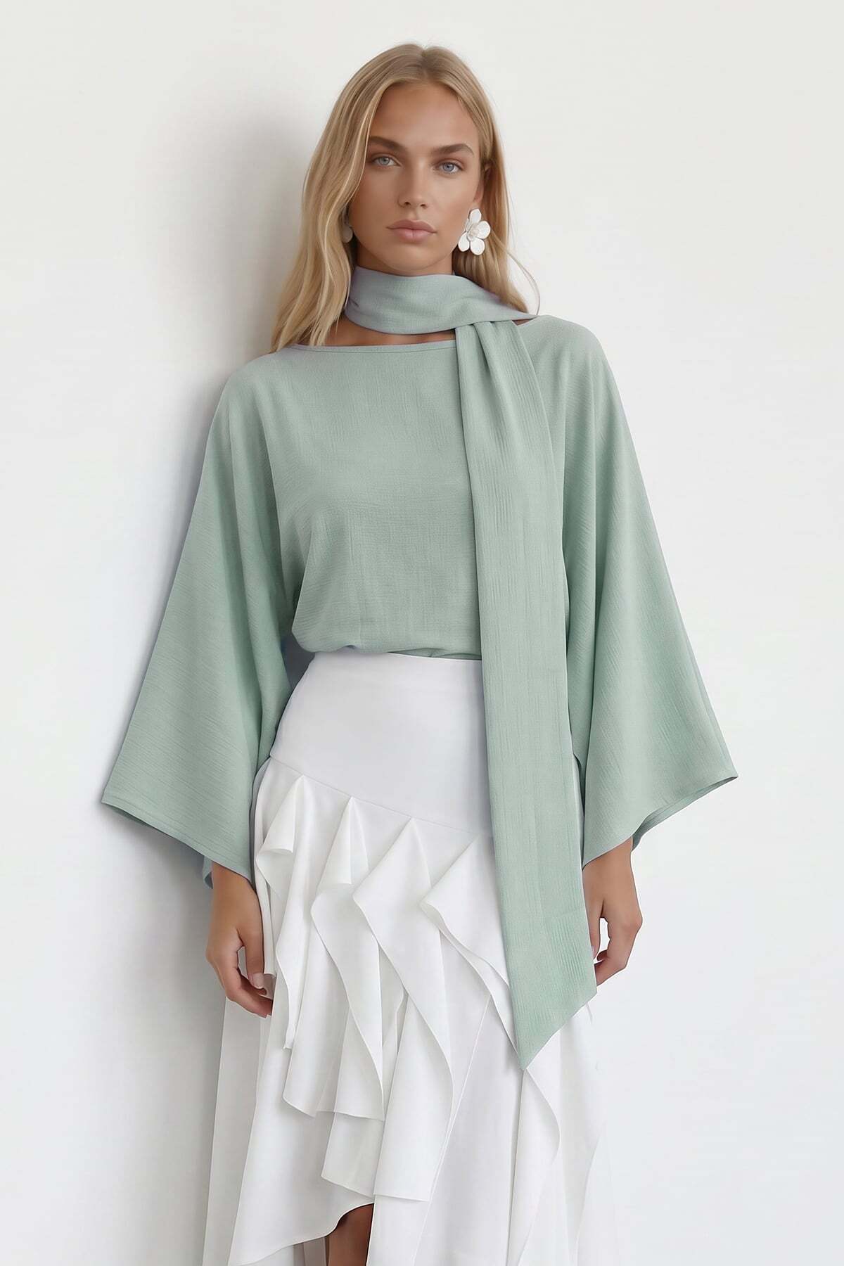 Water Green Boat Neck Scarf Detailed Woven Blouse ALC-X15517