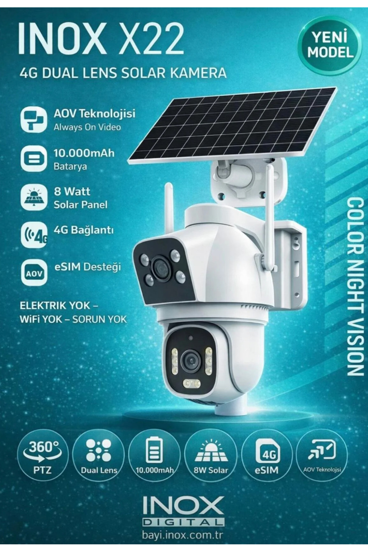 Dex İNOX-X22 Geceyi Gündüze Çeviren Çift Kameralı 4g Solar Kamera