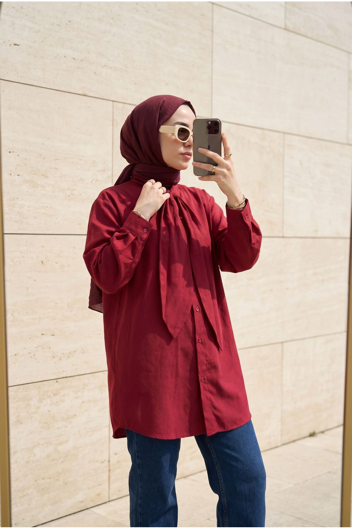 Women's Trendy Scarf Neck Oversized Modest Shirt