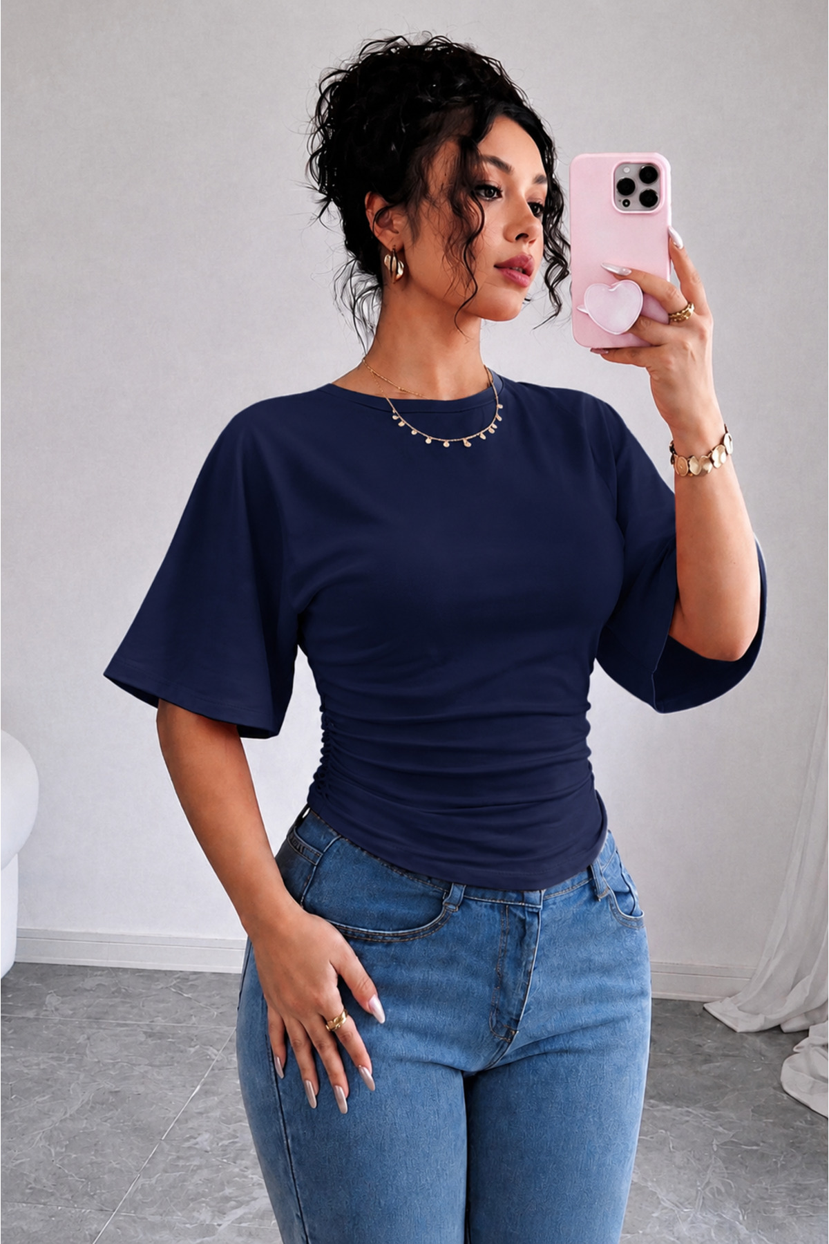 Women's Navy Blue Cotton Soft Fabric Blouse Draped Stylish Casual Model (Not Crop) 0080