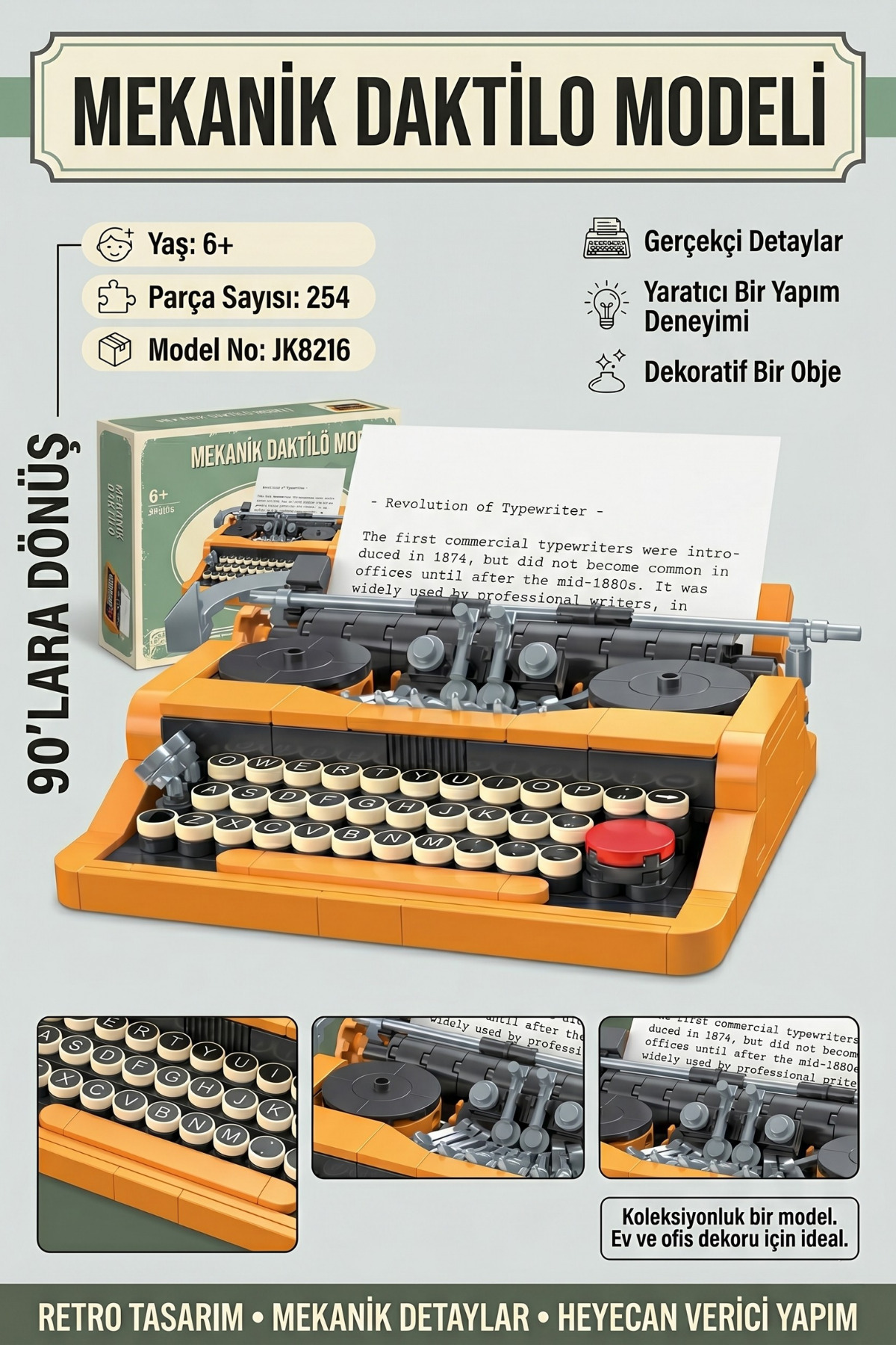 craftivio 254 Parça Retro Mekanik Daktilo Yapı Blokları Seti (6+