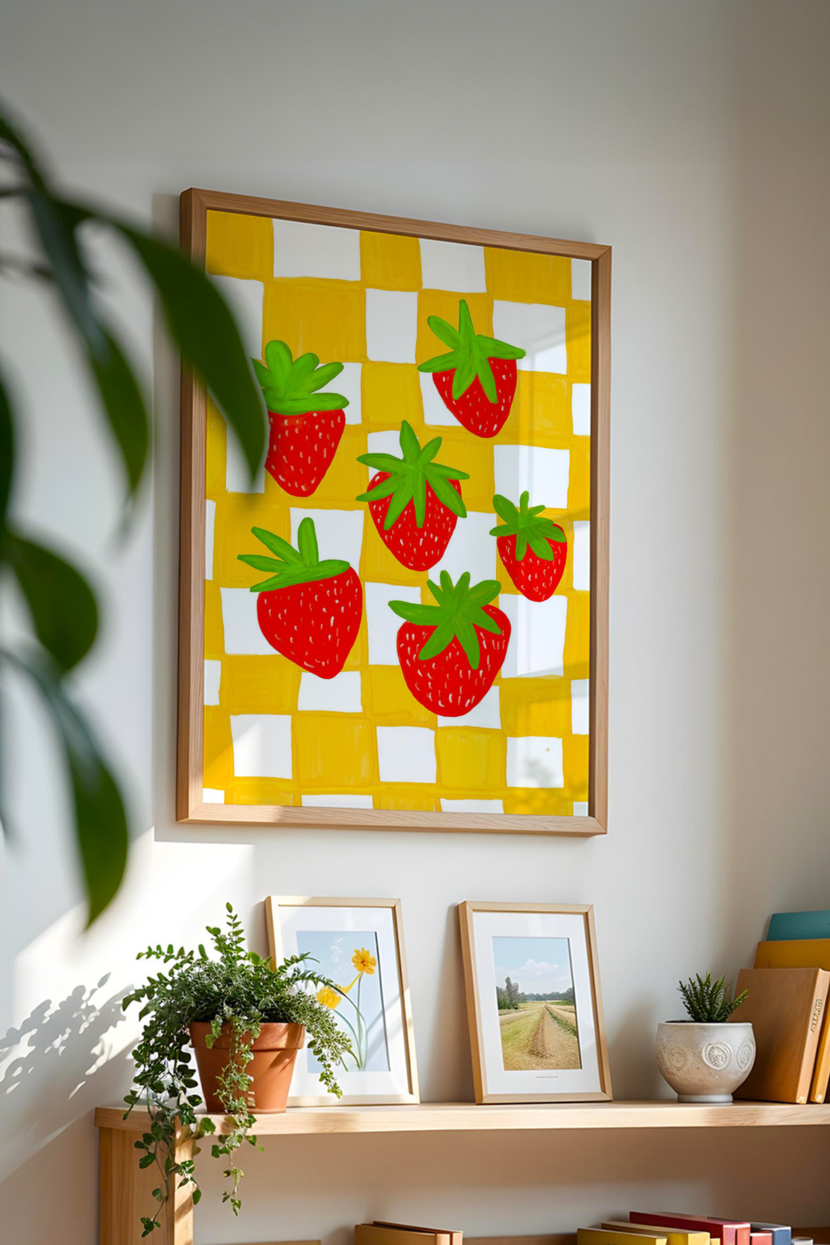 Çilek Desenli Poster Renkli Meyve İllüstrasyon Duvar Tablosu Çerçevesiz