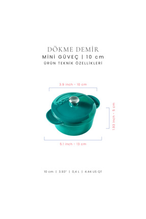 Voeux Kitchenware Profond Cocette Döküm Mini Güveç 10 Cm Turkuaz