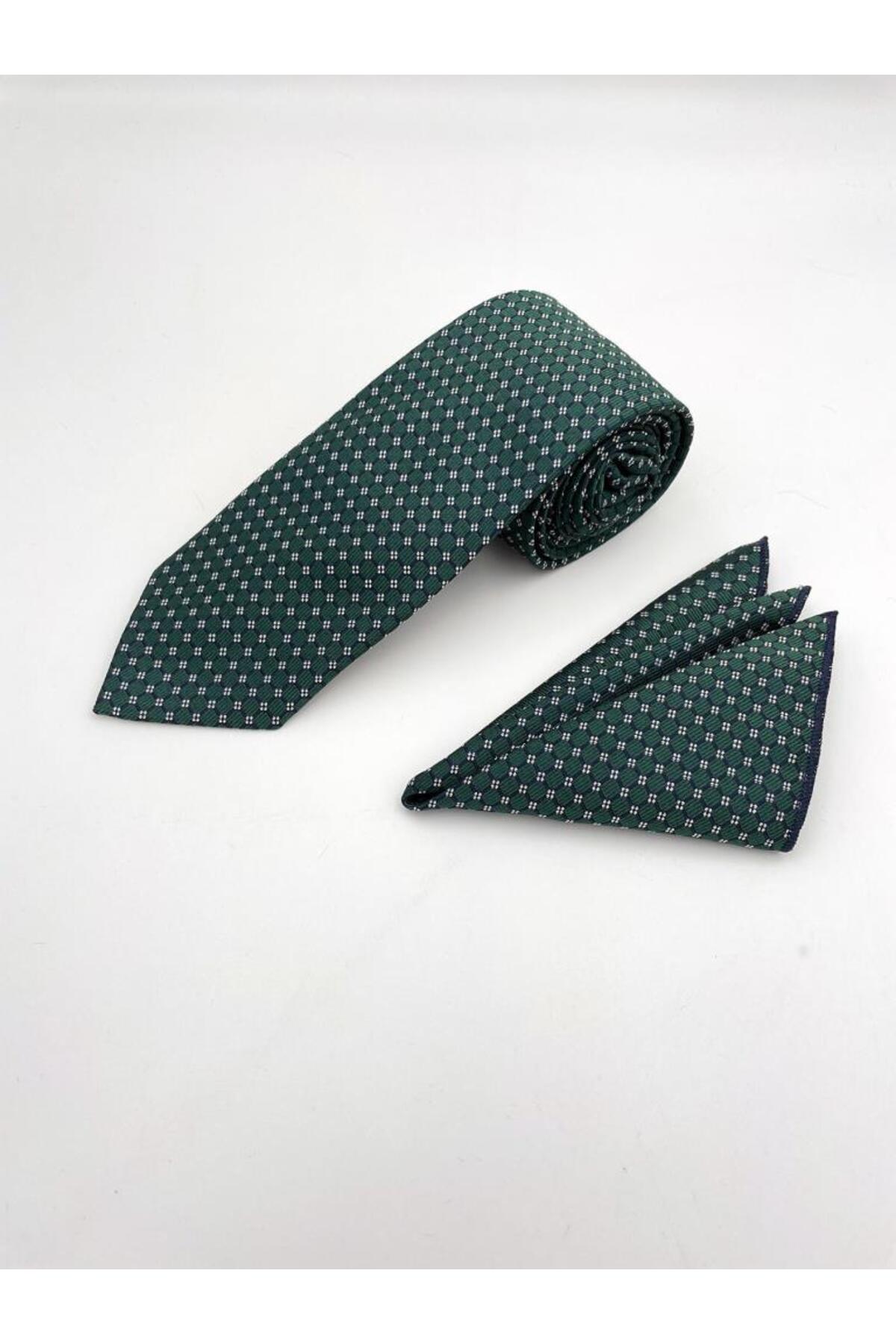Brianze 8 Cm Yeşil Desenli Kravat Mendil Set görsel 2