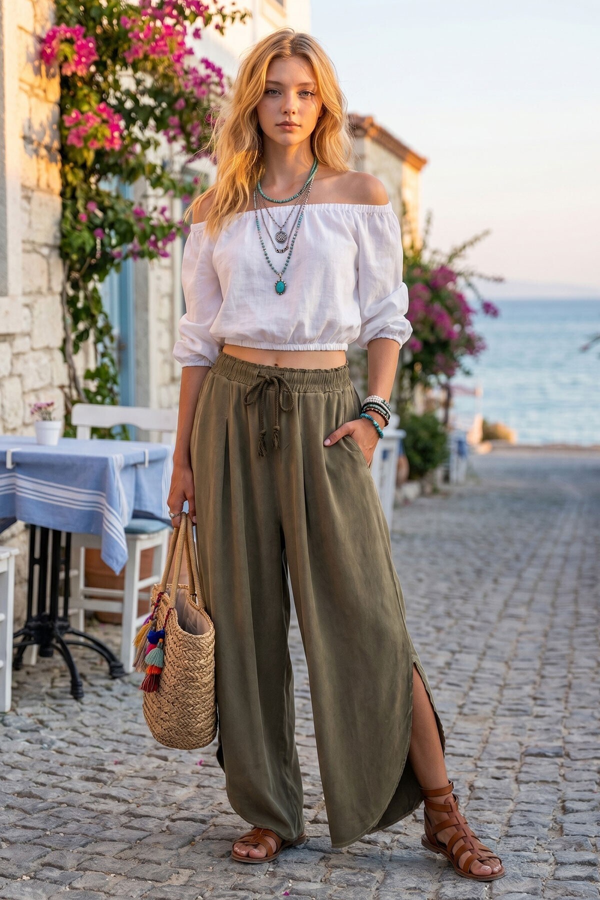 Alacati Khaki Washing Pocket Side Slit Elastic Waist Shabby Shalwar Trousers