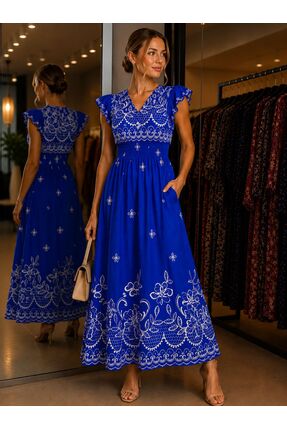 Moda Banuş Etnik Desen Kısa Kol Yan Yırtmaçlı Midi Boy Elbise