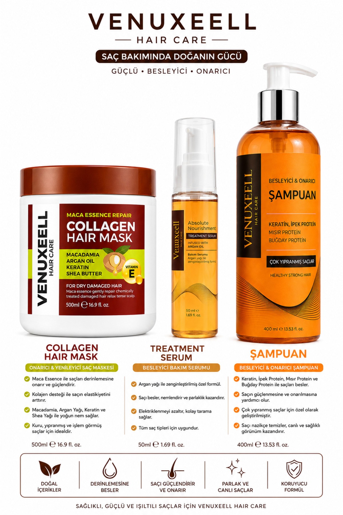 3’lü Saç Bakım Seti Kolajen Saç Maskesi + Argan Yağlı Saç Serumu + Keratin Onarıcı Şampuan karsel — beyaz 3lü set — تصویر 2 از 5
