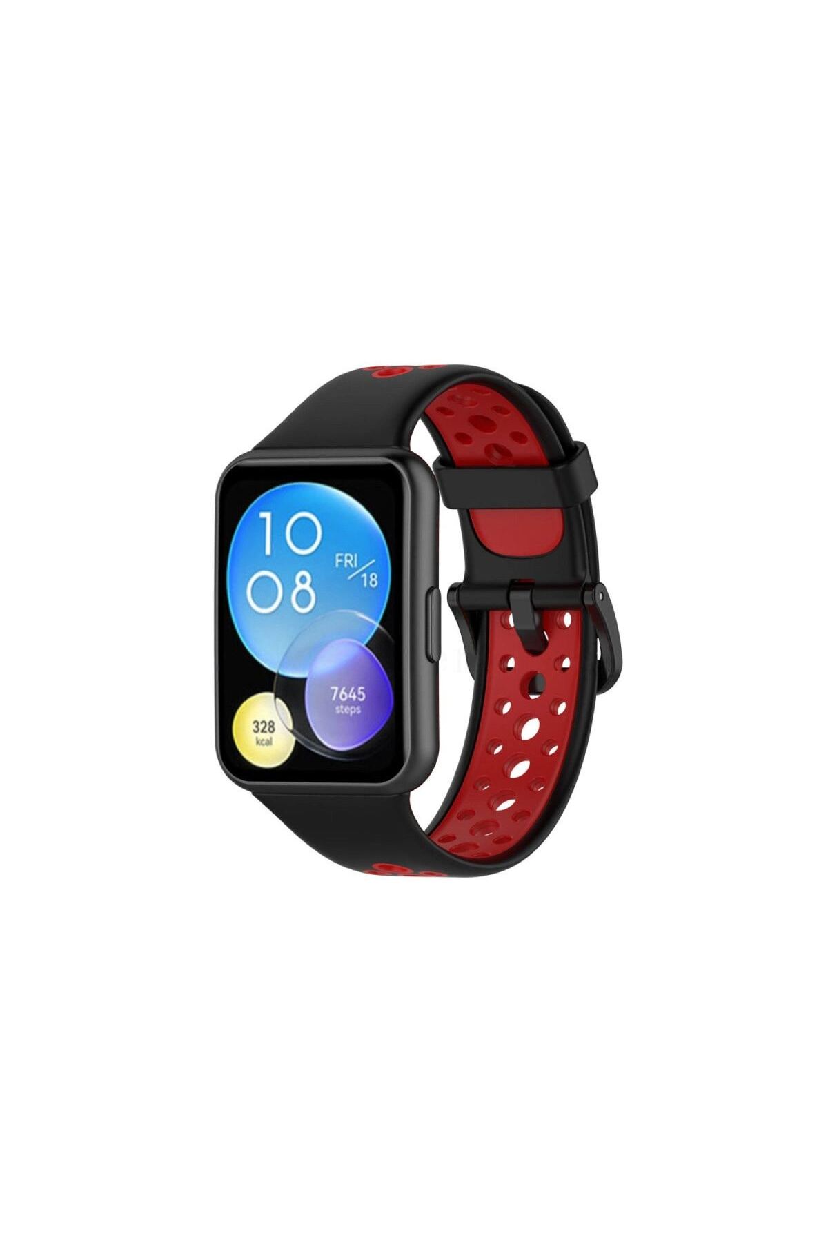 Huawei Watch Fit 2 Spor Delikli Kordon - Siyah-kırmızı