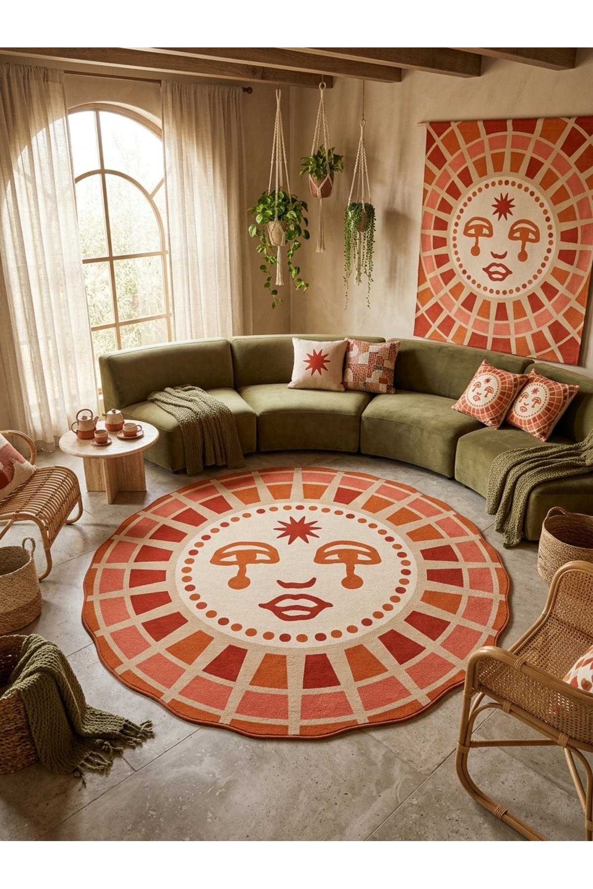SDT Mystic Sun Face Patterned Orange Toned Cream Woven Base Decorative Carpet sdt1374