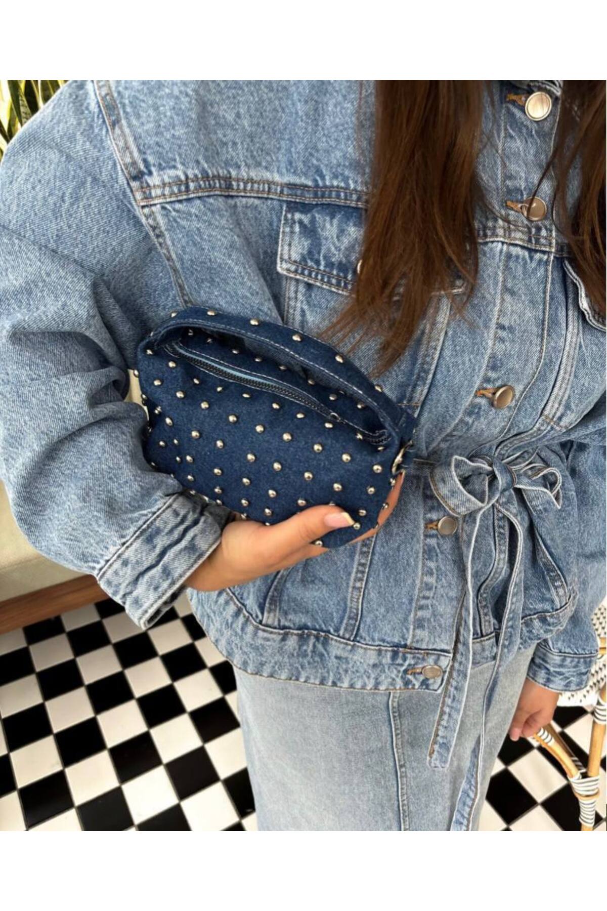 Dark Blue Denim AUİSSE Women's Stud-Detail Handbag and Shoulder Bag görünüm 5