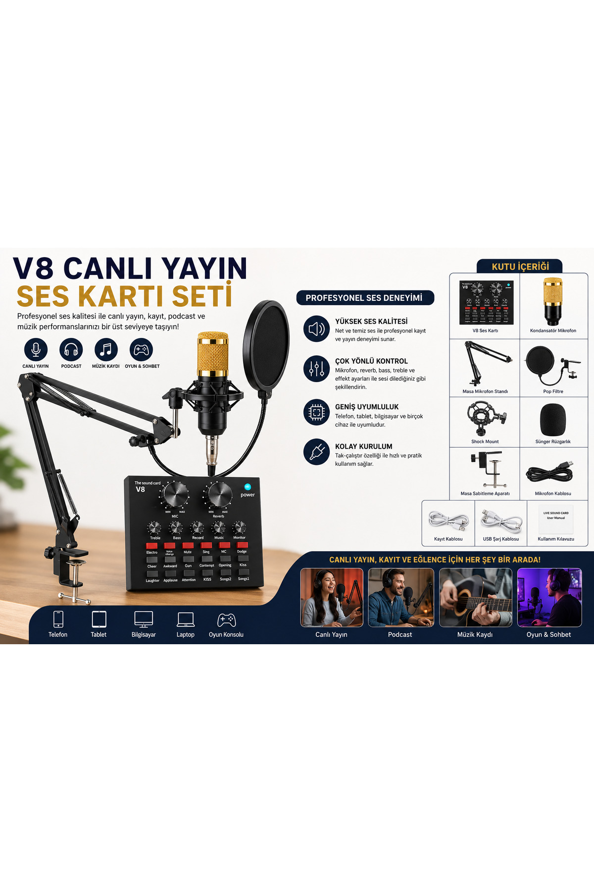 Tastech BM-800 + V8 ses kartı kiti Podcast ekipman paket ses ağı