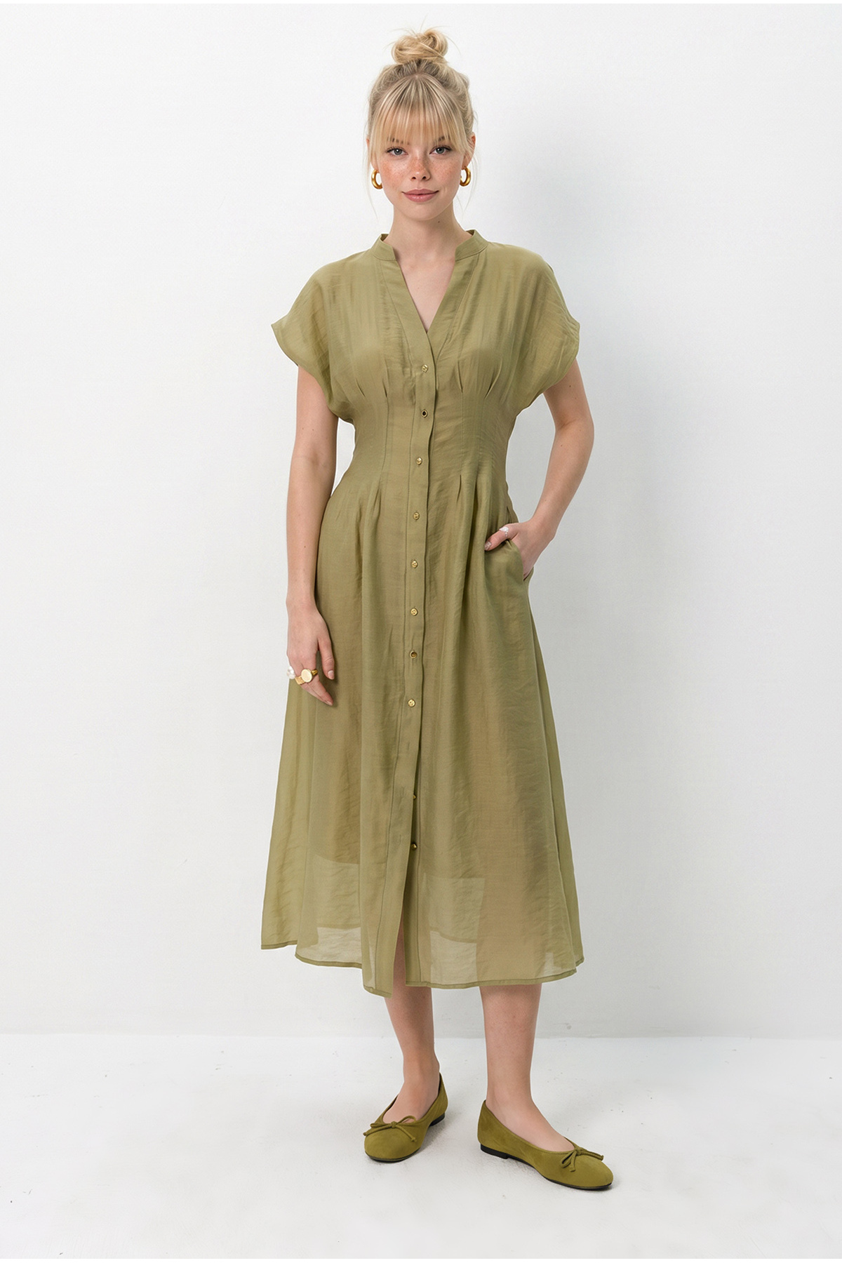 Bianco Lucci Women's V-Neck Back Elasticized Pocket Detailed Lined Midi Dress 5208 60286307