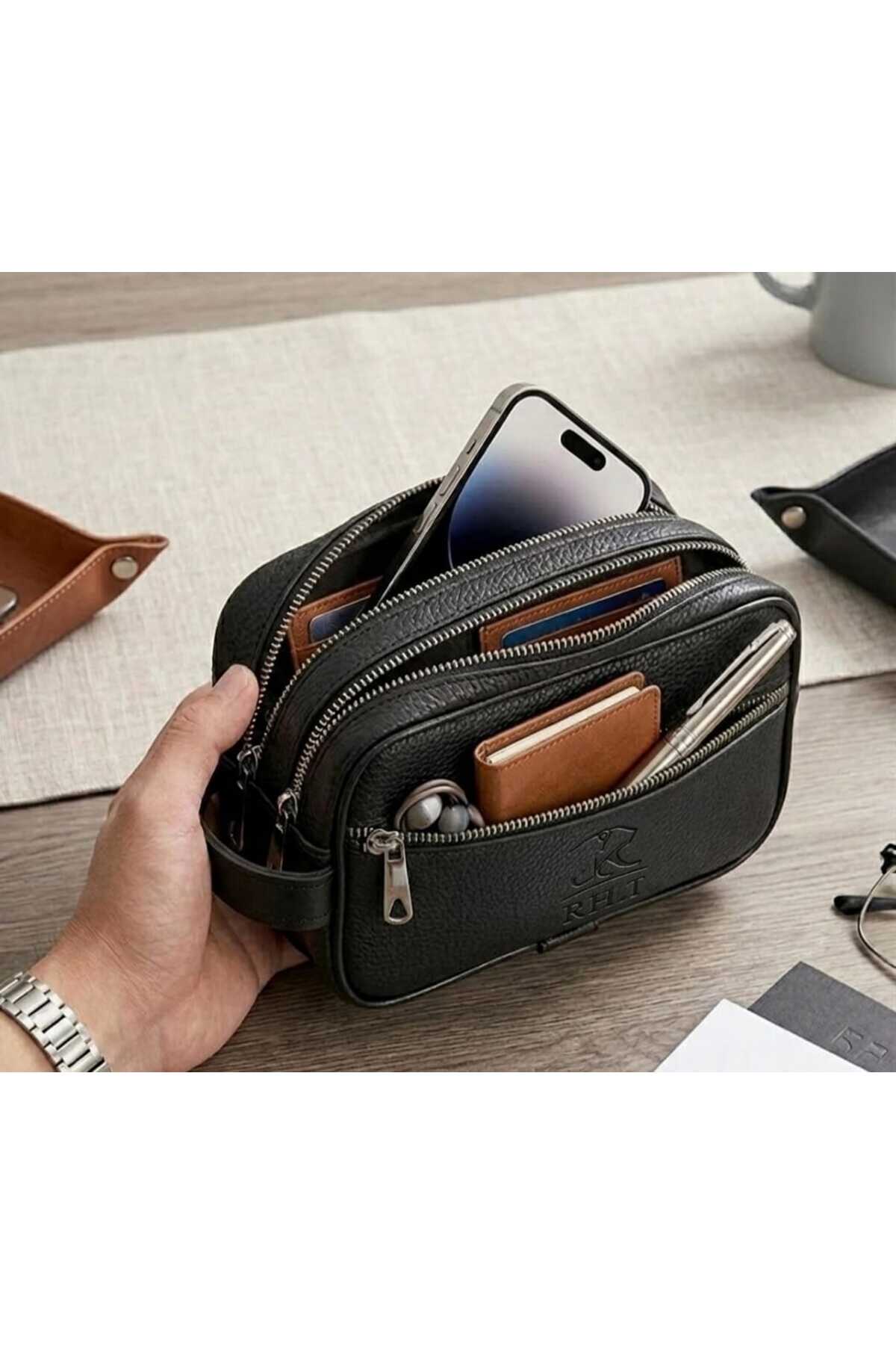 BARAK SHOES Siyah El Portföyü Çok Bölmeli Telefon Bölmeli El Çantası Ve Cüzdan